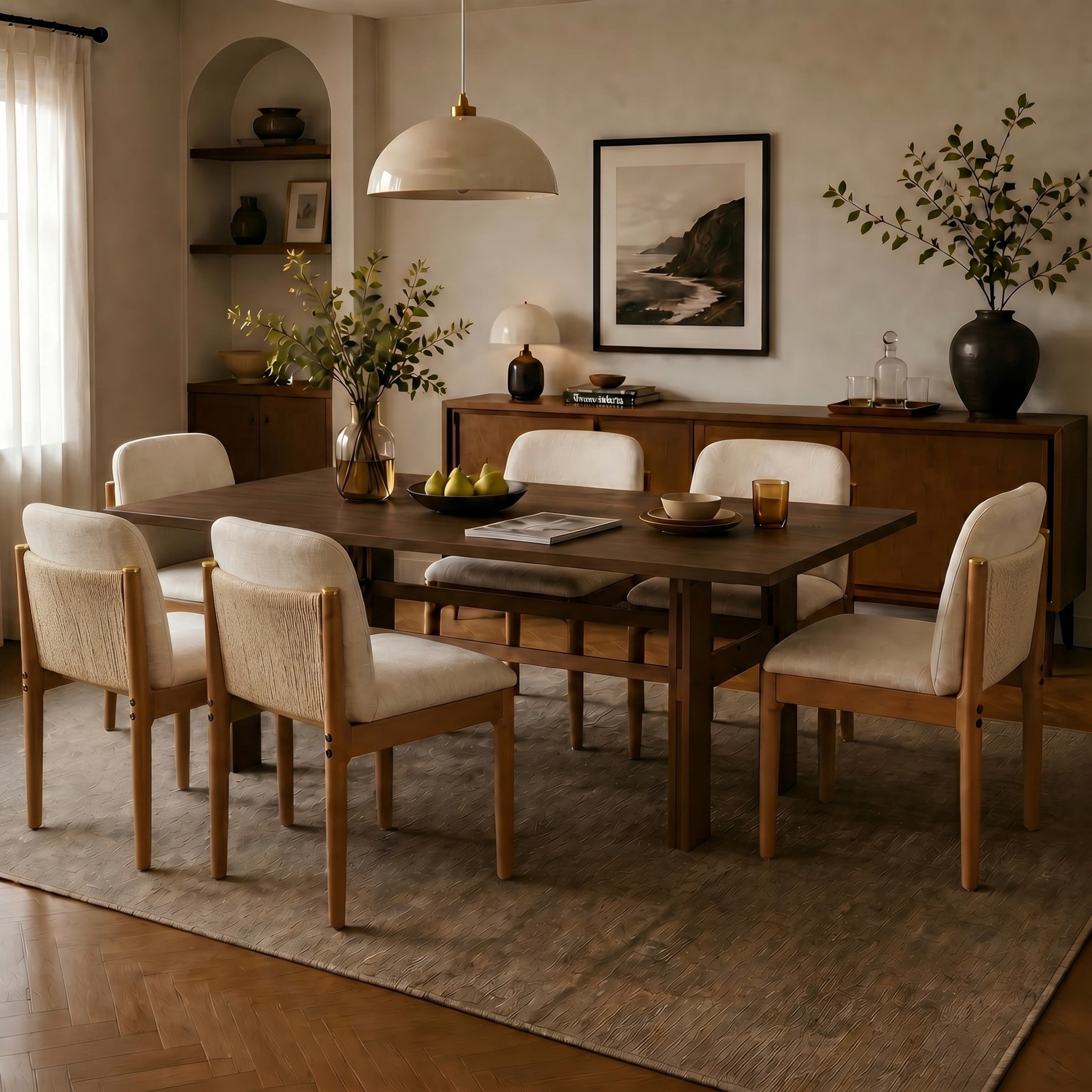 Christopher Knight Home 7-Piece Dining Set, Wood Table with Woven Rope Back Chairs, Walnut+Beige