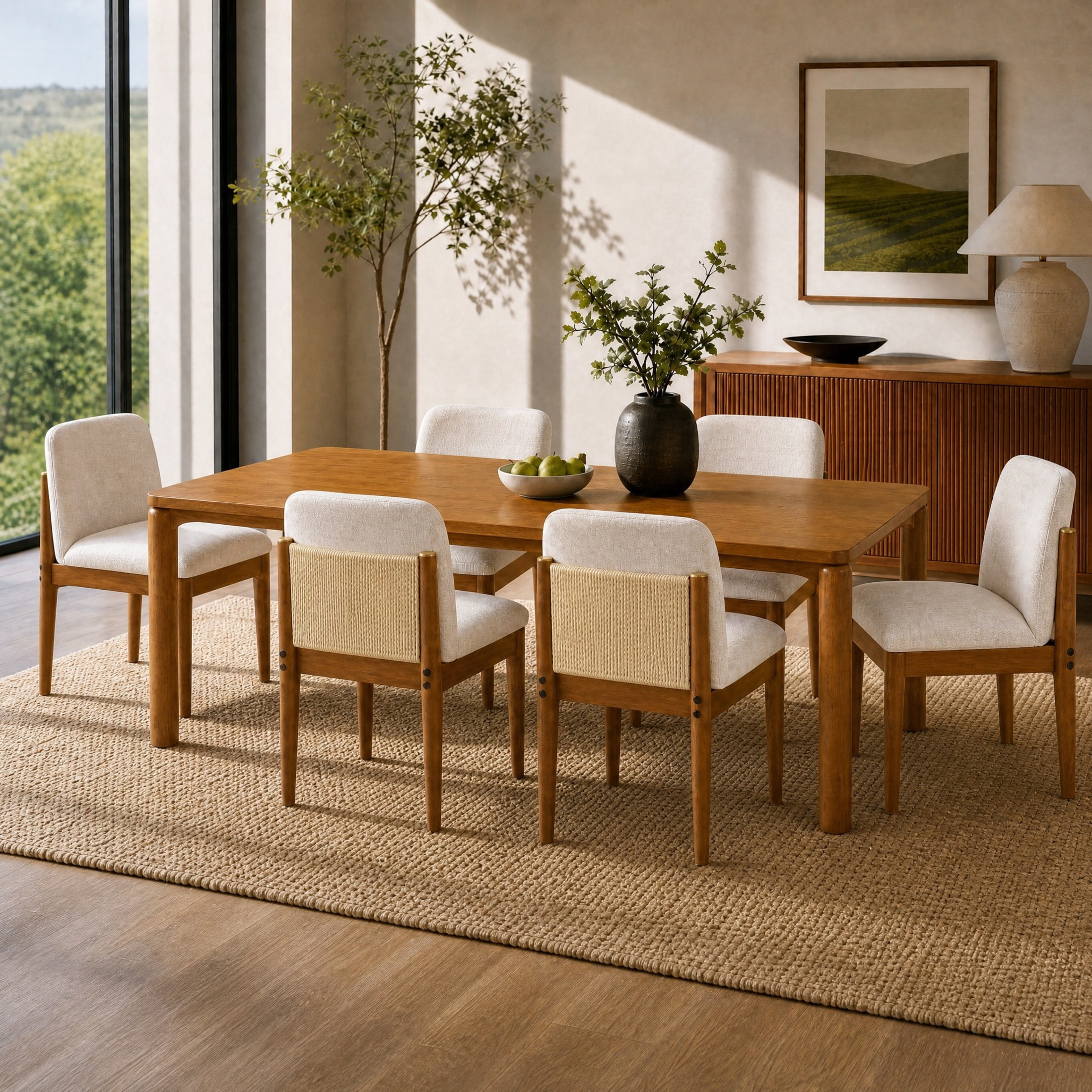 Christopher Knight Home 7-Piece Dining Set with 70" Wood Table and Woven Back Chairs, Walnut+Beige