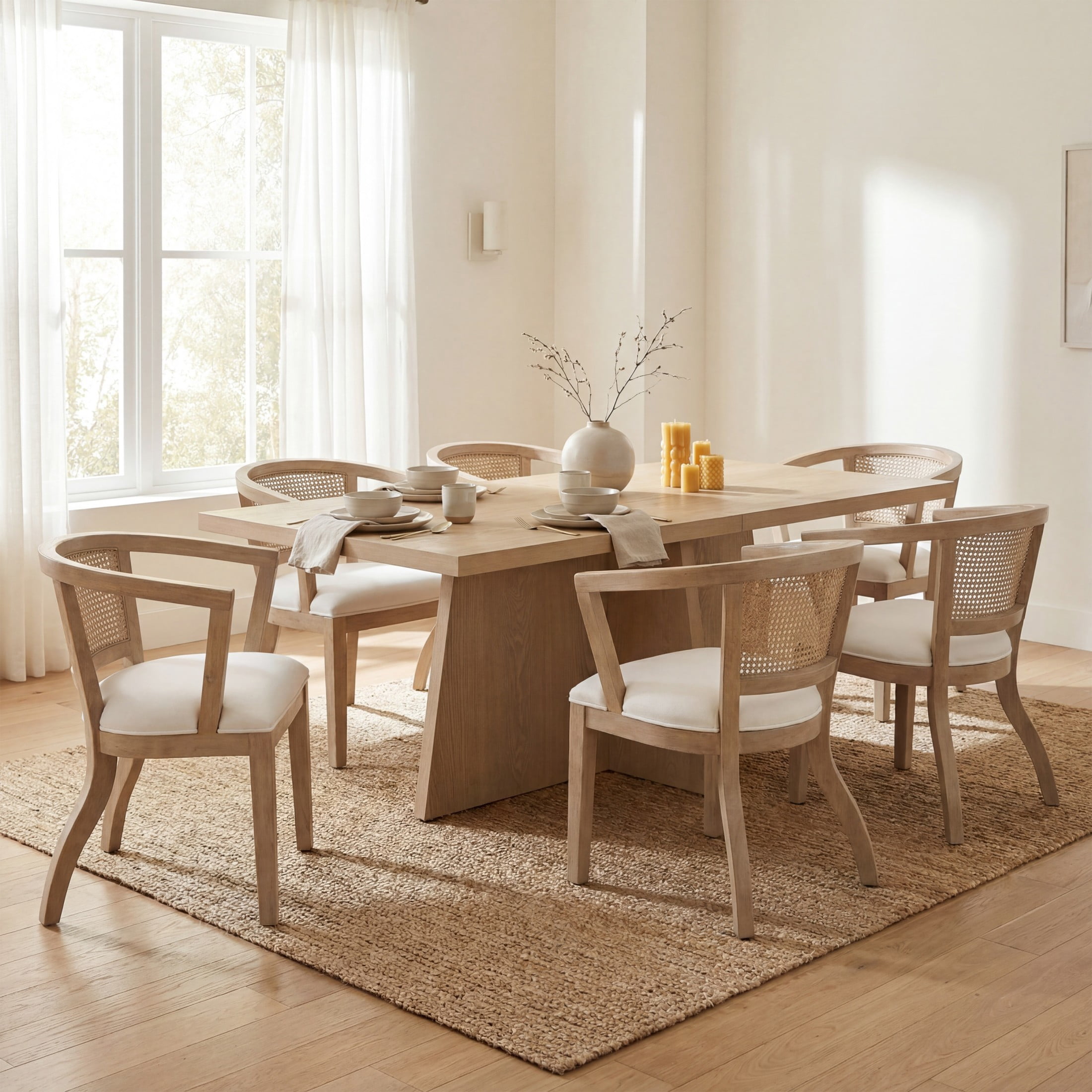 Christopher Knight Home 7-Piece Dining Set with 84" Rectangular Table & Cane Back Chairs, Light Ash