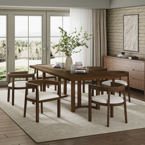 Christopher Knight Home 7-Piece Dining Set with 95" Wood Table, Open-Back Upholstered Armchairs, Walnut+Beige