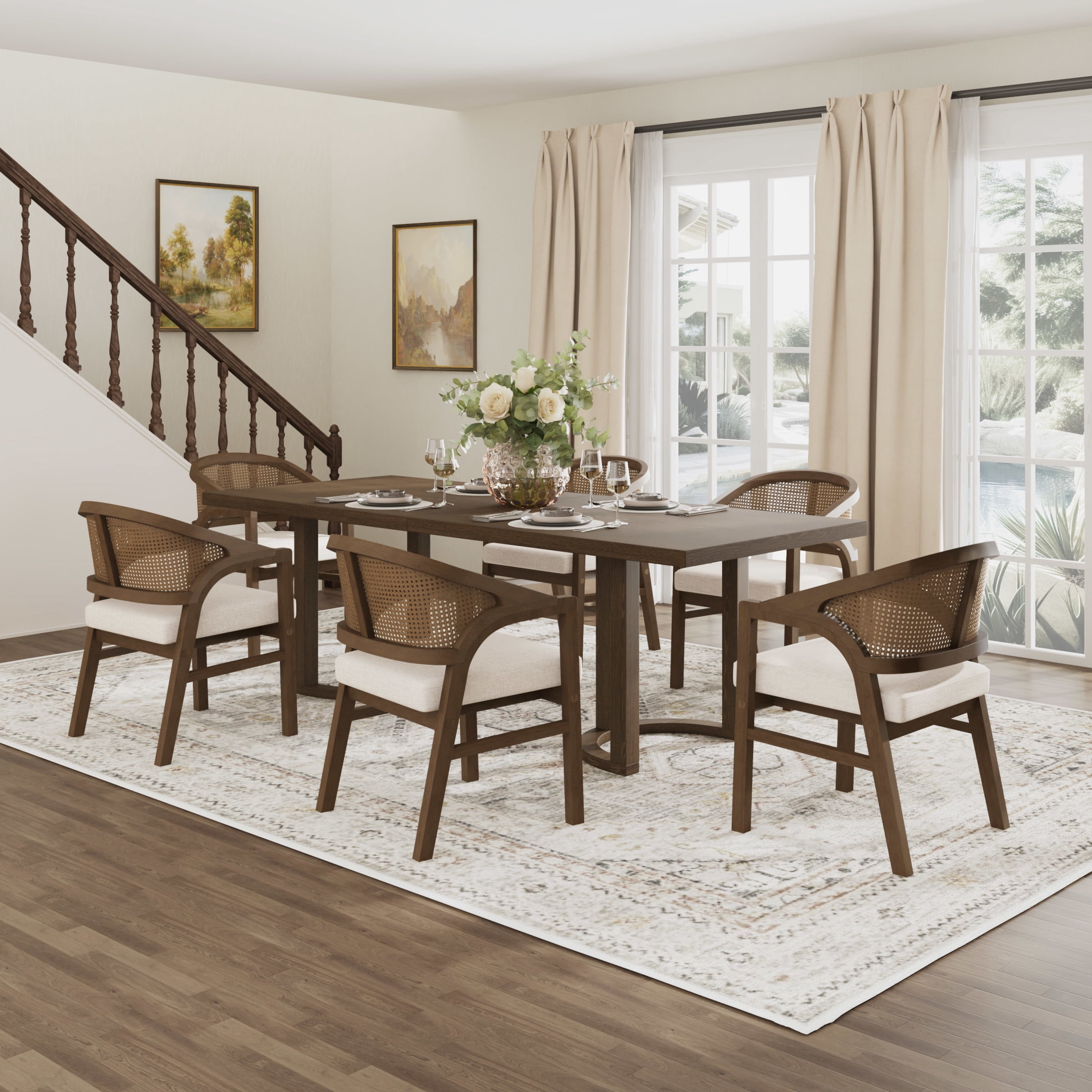 Christopher Knight Home 7-Piece Dining Set with 95" Wood Table, Rattan Back Upholstered Chairs, Walnut+Beige