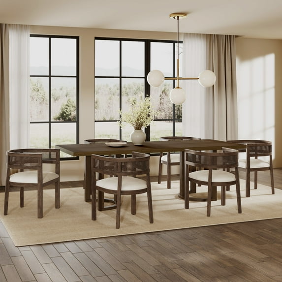 Christopher Knight Home 7-Piece Dining Set with 95" Wood Table, Rattan Barrel Back Upholstered Chairs, Walnut+Beige
