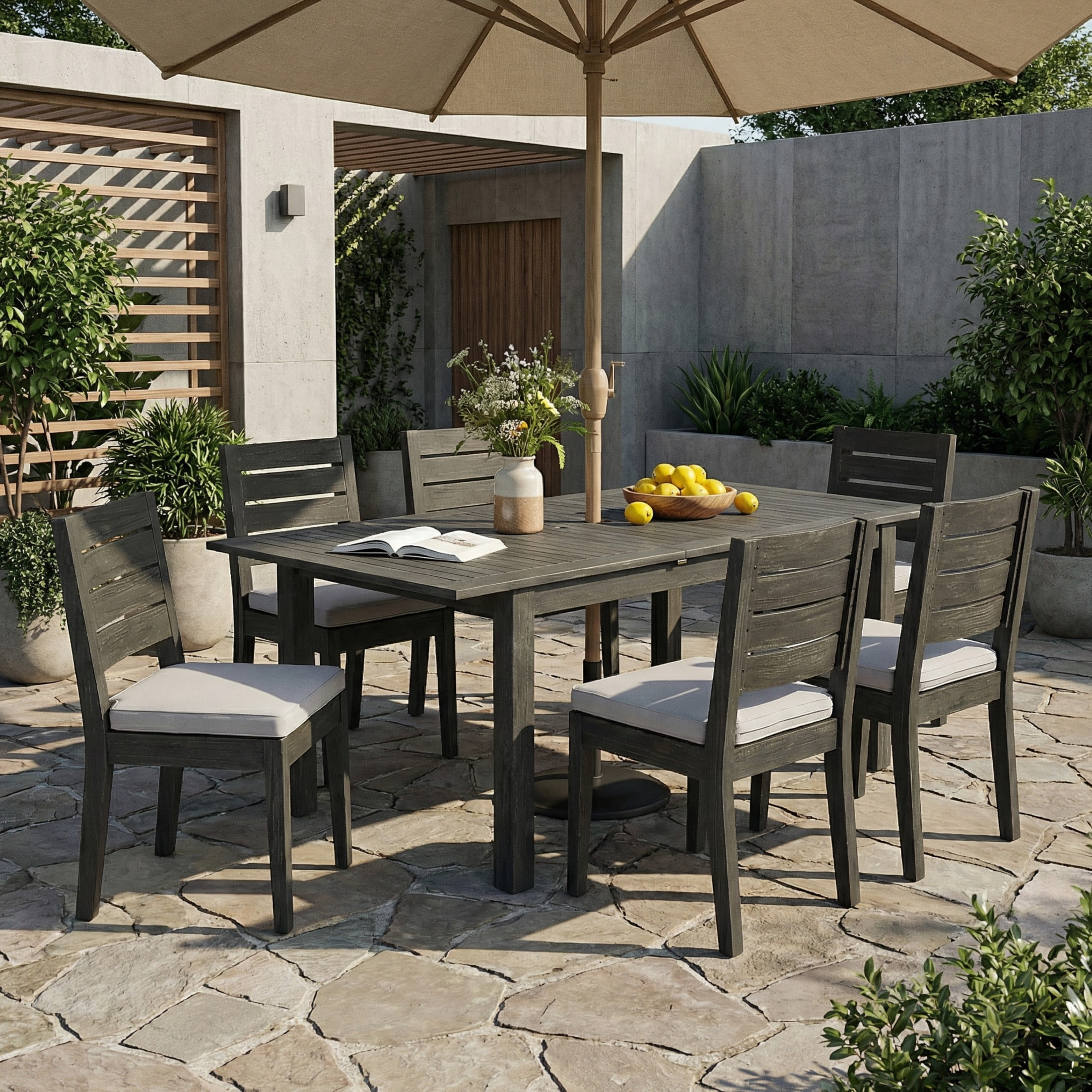 Christopher Knight Home 7-Piece Expandable Acacia Wood Outdoor Dining Set with Cushions, Dark Gray