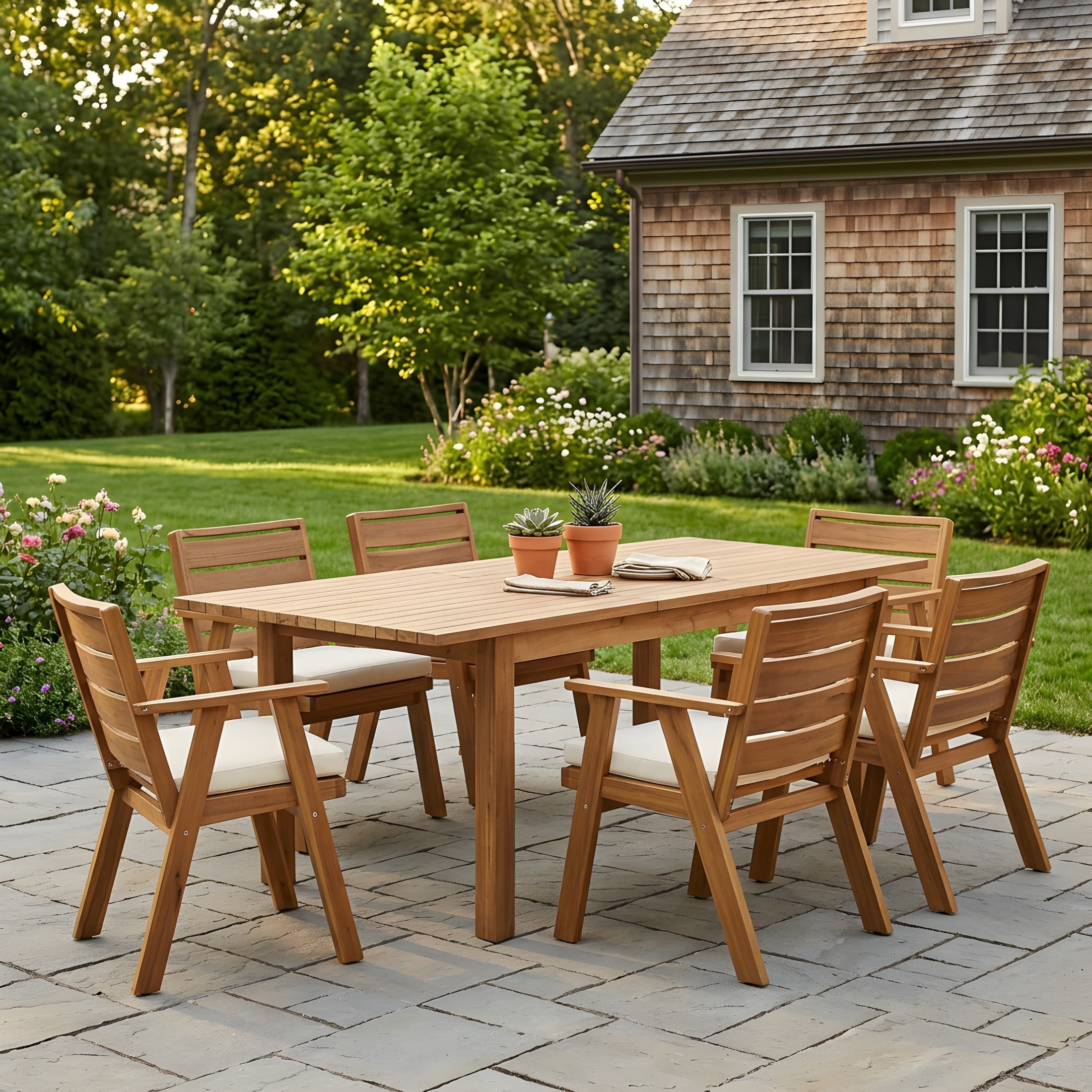 Christopher Knight Home 7-Piece Expandable Wood Outdoor Dining Set with Armchairs and Cushions, Teak