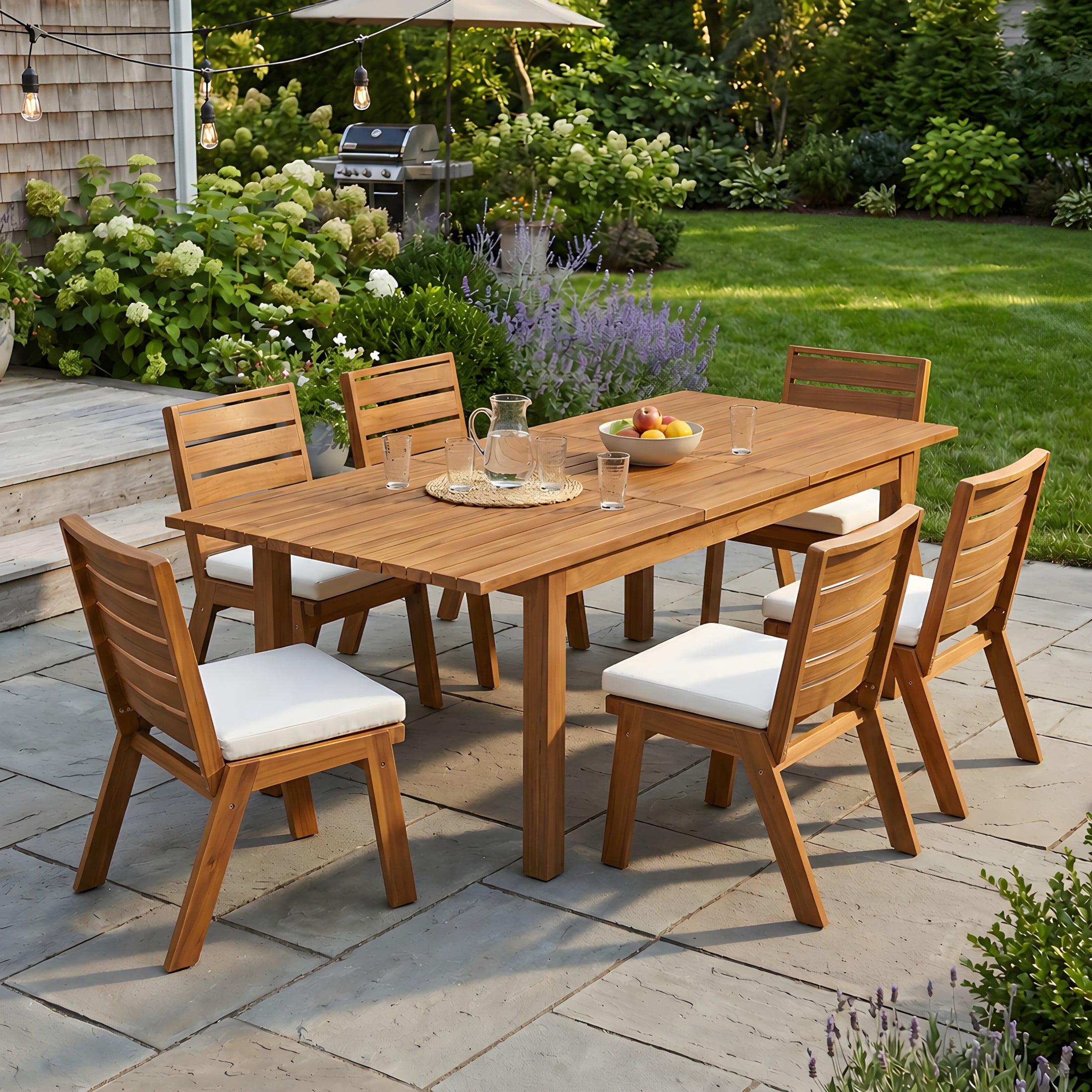 Christopher Knight Home 7-Piece Expandable Wood Outdoor Dining Set with Armless Chairs and Cushions, Teak
