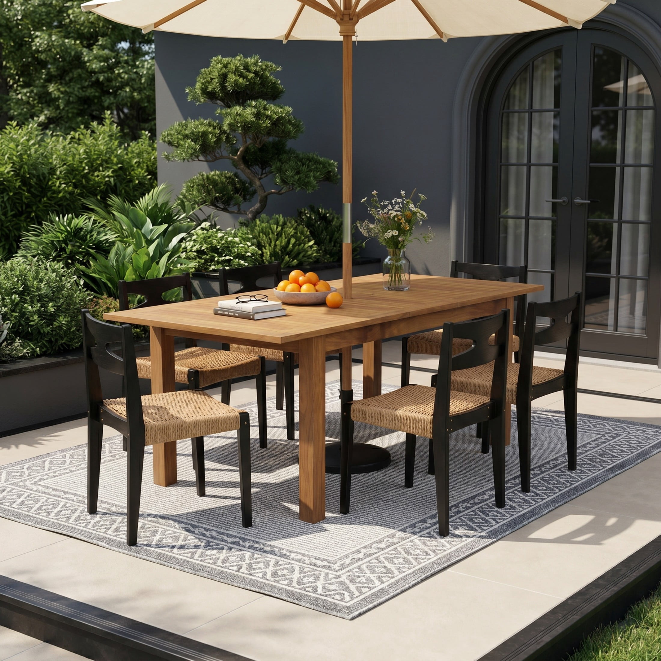 Christopher Knight Home 7-Piece Expandable Wood Outdoor Dining Table with Wicker Chairs Set, Natural+Black