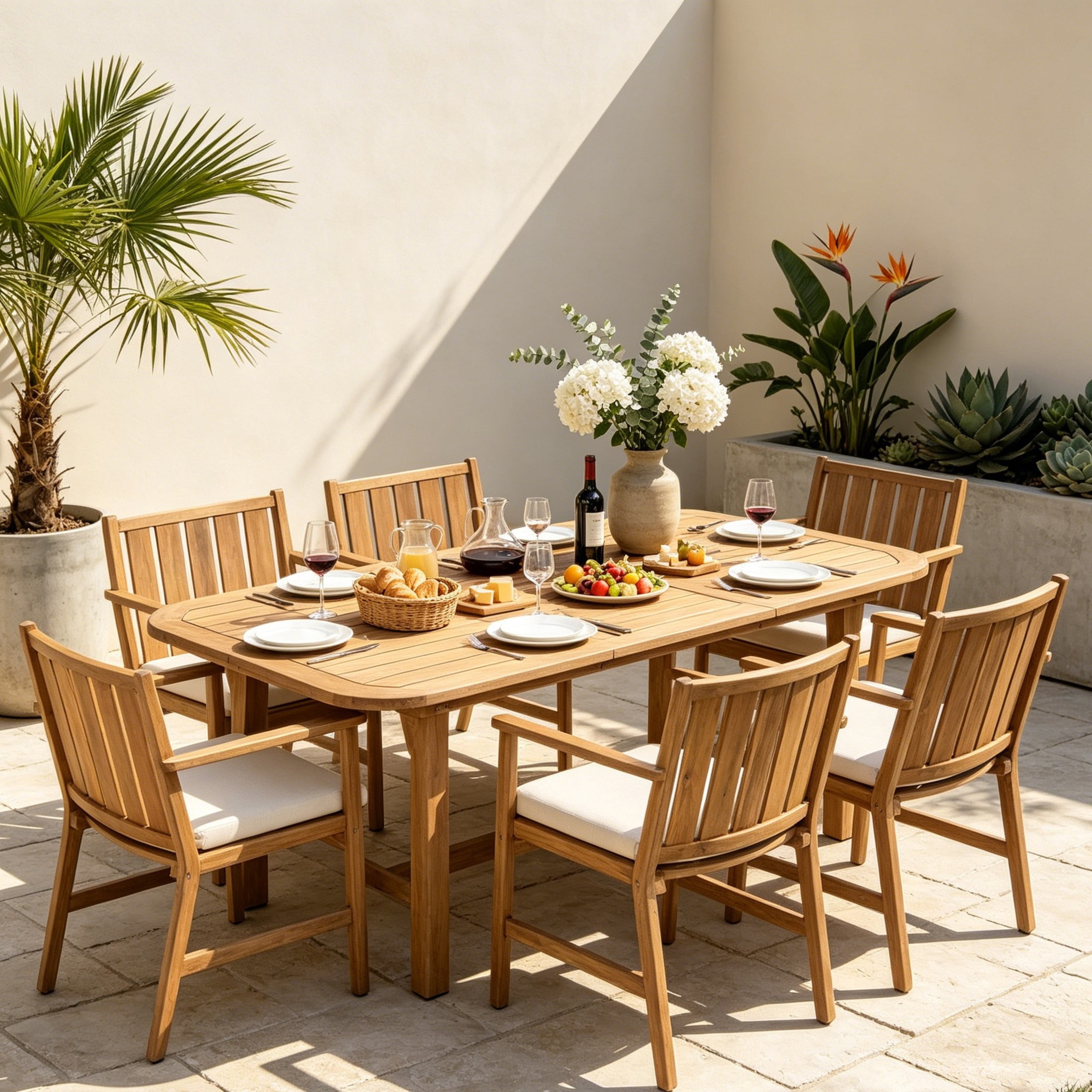 Christopher Knight Home 7-Piece Extendable Acacia Wood Patio Dining Set with Cushioned Chairs, Teak+Beige