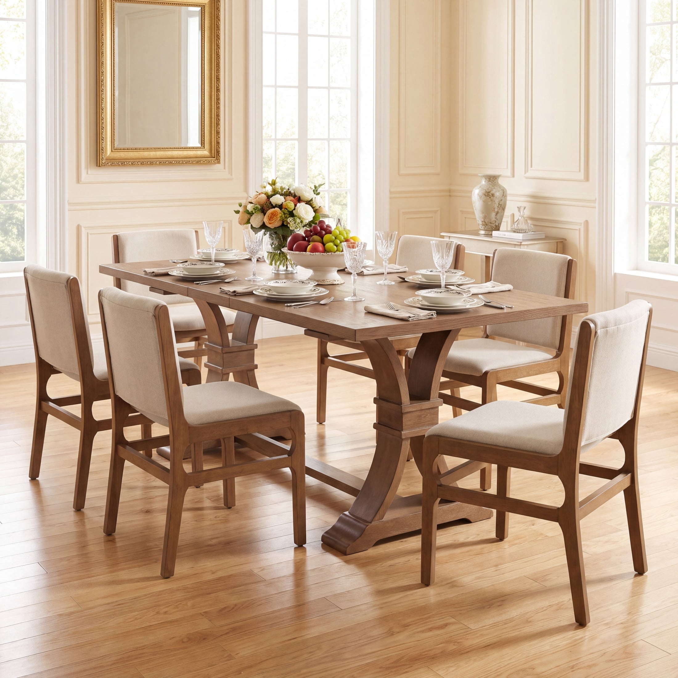 Christopher Knight Home 7-Piece Extendable Dining Set, Rectangle Table and Upholstered Chairs, Walnut+Wheat