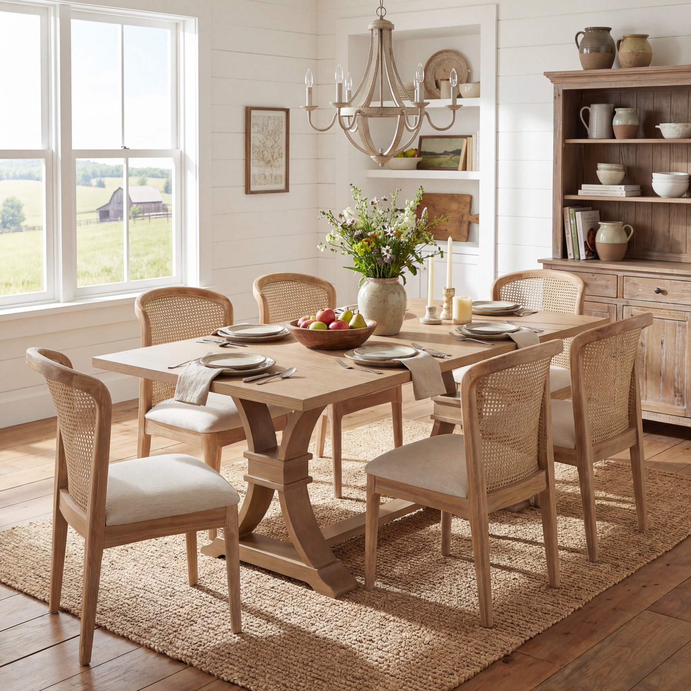 Christopher Knight Home 7-Piece Extendable Dining Set with Rattan Back Upholstered Chairs, Light Natural