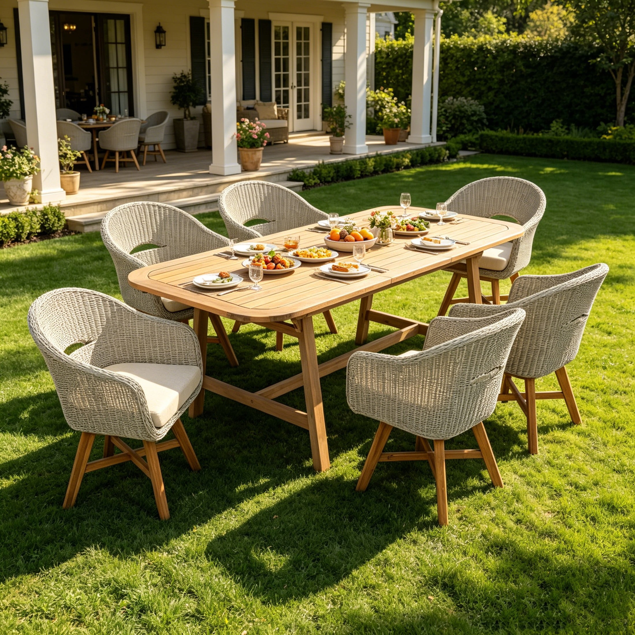 Christopher Knight Home 7-Piece Extendable Patio Dining Set, Wood Table and Rattan Chairs, Teak+Gray Ash