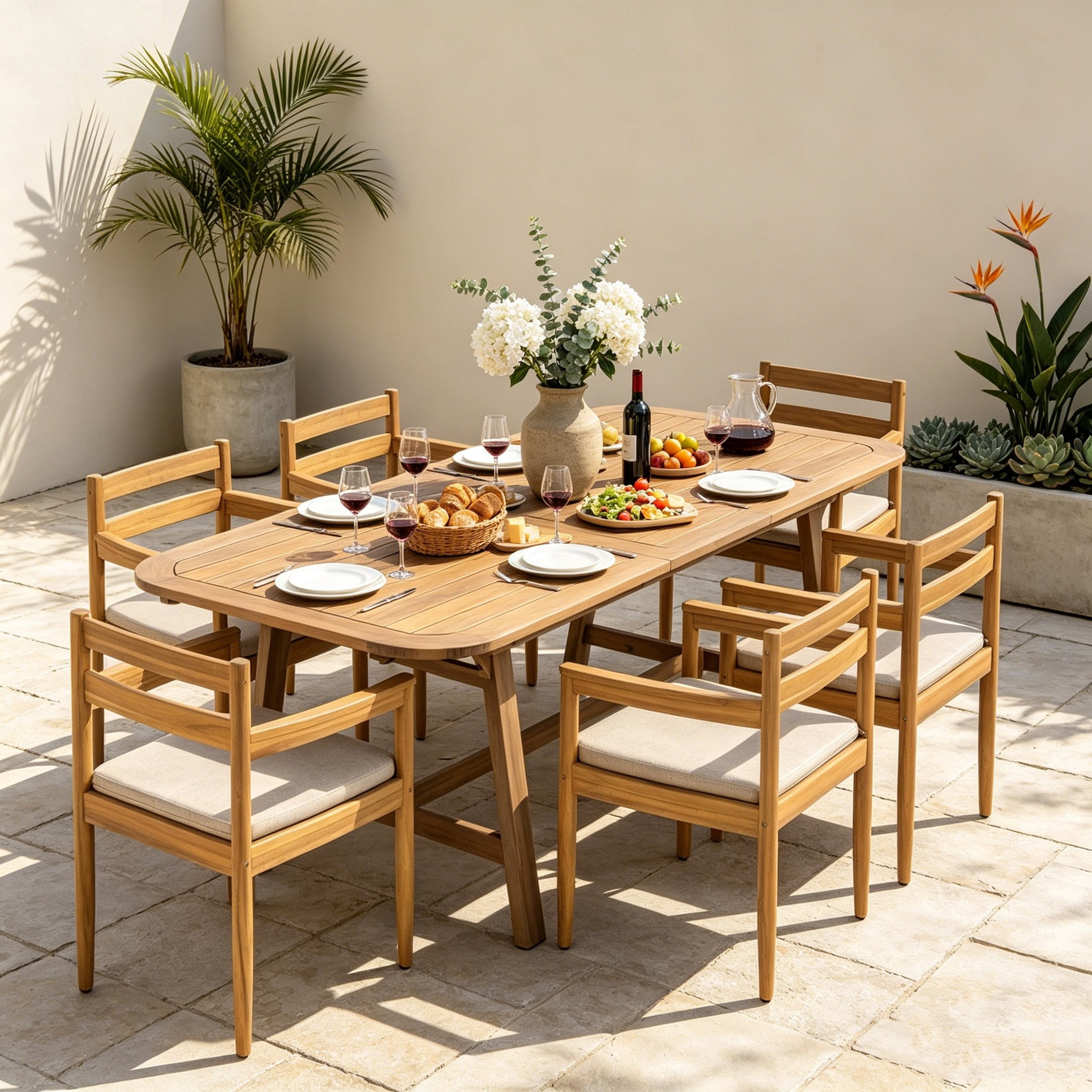 Christopher Knight Home 7-Piece Extendable Solid Wood Patio Dining Set with 6 Chairs, Light Teak+Beige