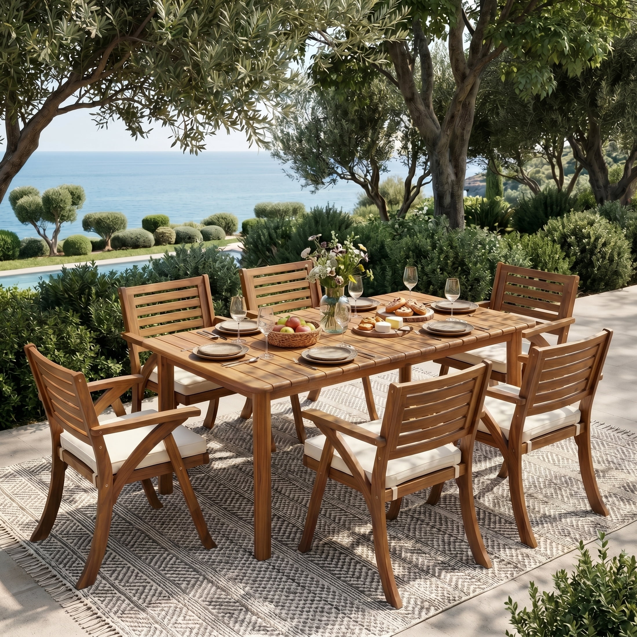 Christopher Knight Home 7-Piece Extendable Wood Outdoor Dining Table with Cushioned Chairs, Teak+Cream