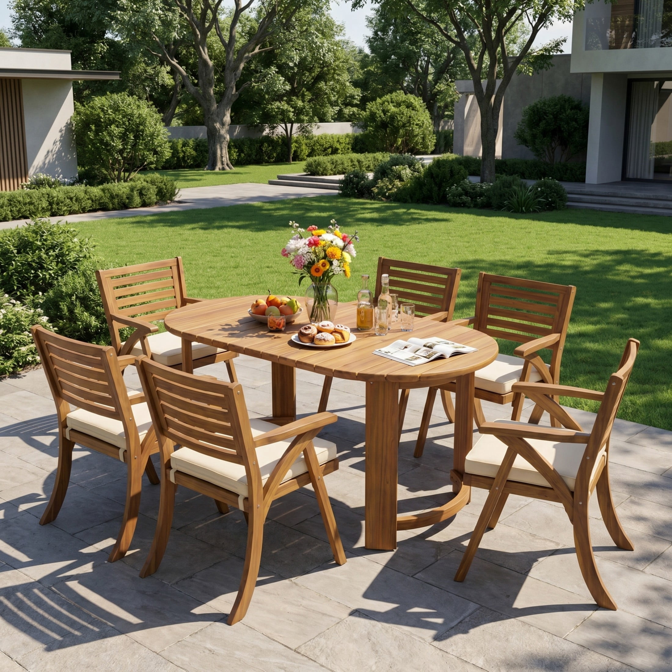 Christopher Knight Home 7-Piece Farmhouse Acacia Wood Patio Dining Set with Cushions, Teak+Cream