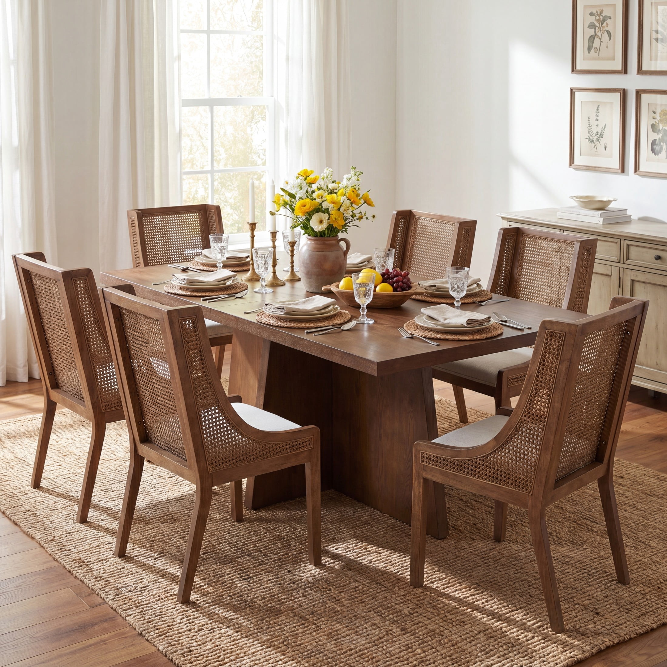 Christopher Knight Home 7-Piece Farmhouse Dining Set, Rectangle Table and Cane Back Chairs, Walnut