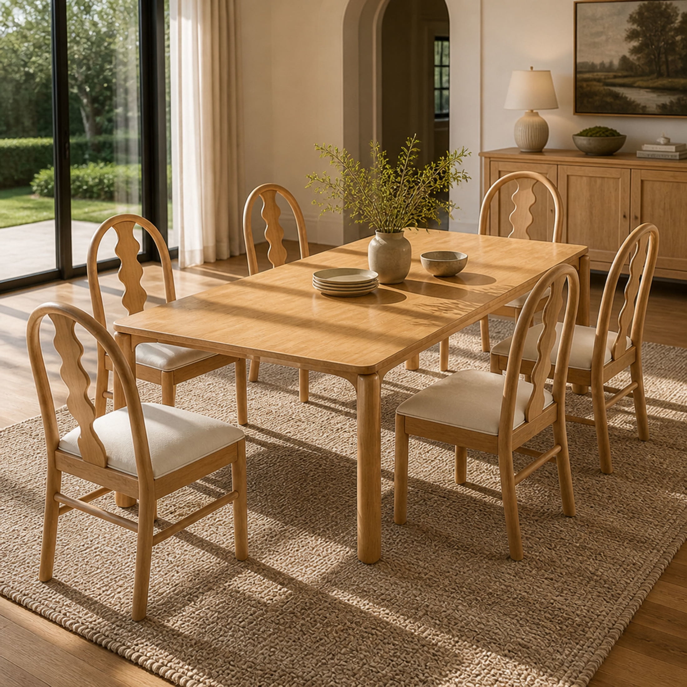 Christopher Knight Home 7-Piece Farmhouse Dining Table with Curved Back Chairs Set, Walnut+Natural+White