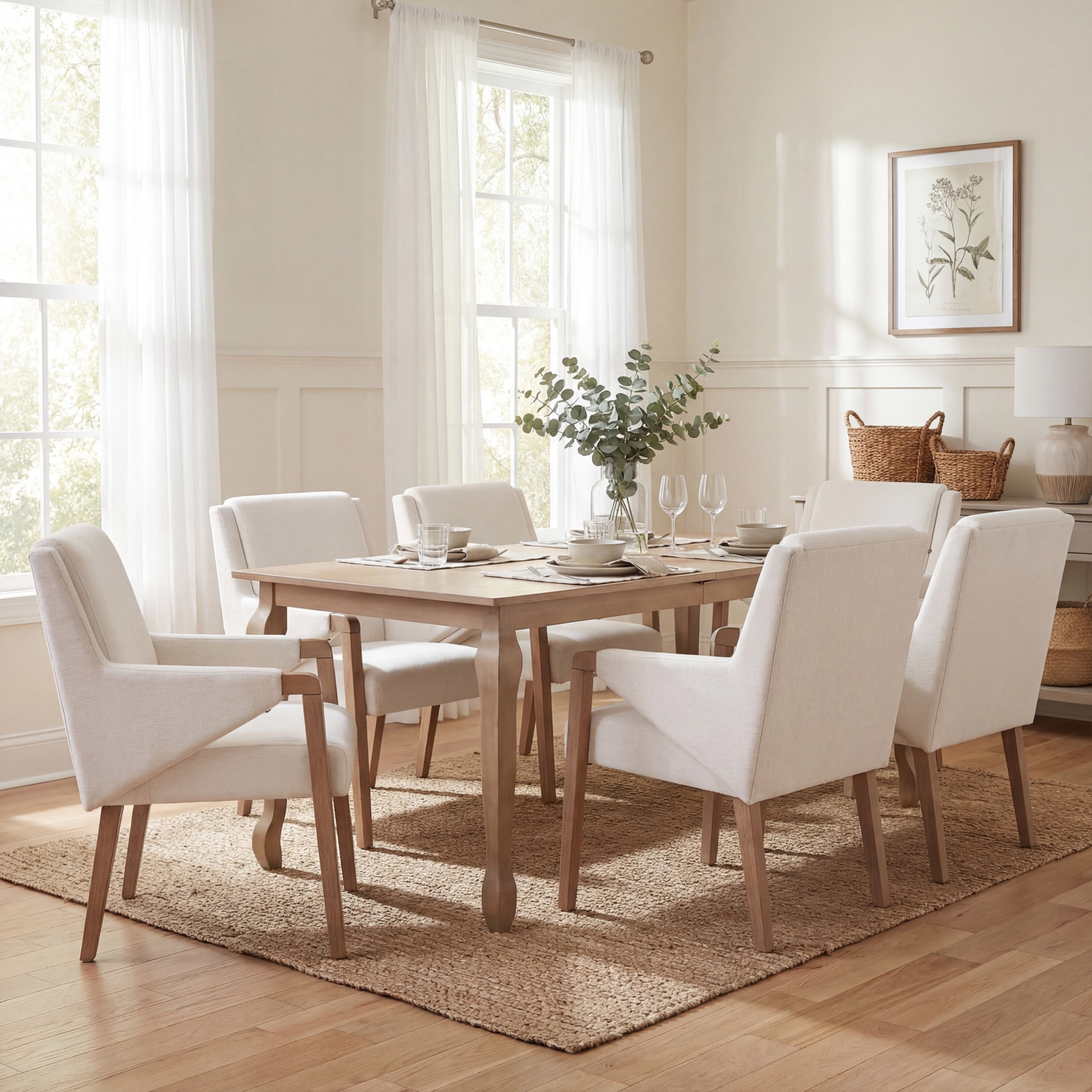 Christopher Knight Home 7-Piece Farmhouse Light Natural Extendable Dining Table with Beige Upholstered Chairs