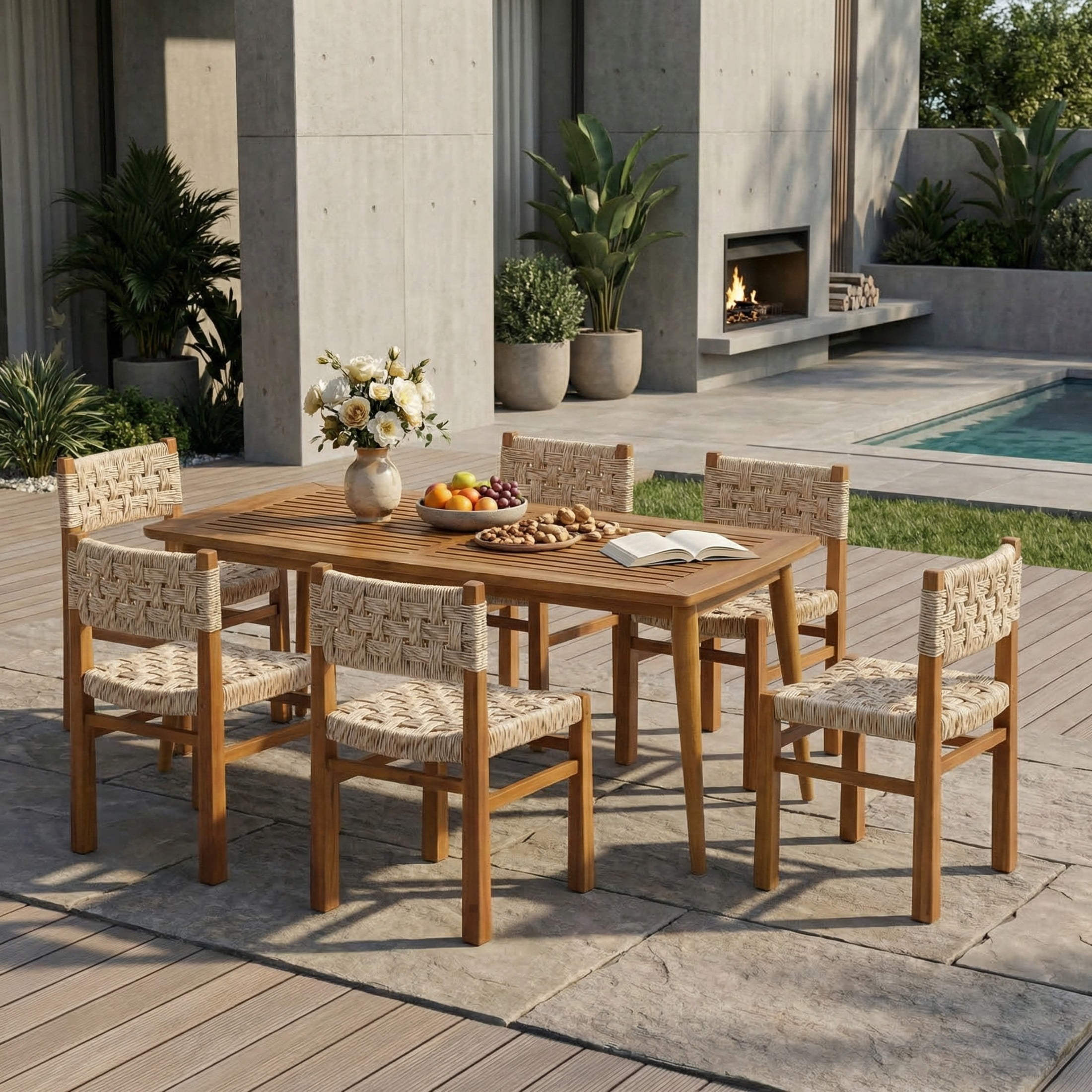 Christopher Knight Home 7-Piece Farmhouse Outdoor Dining Set, Teak Finish+Light Gray Wicker