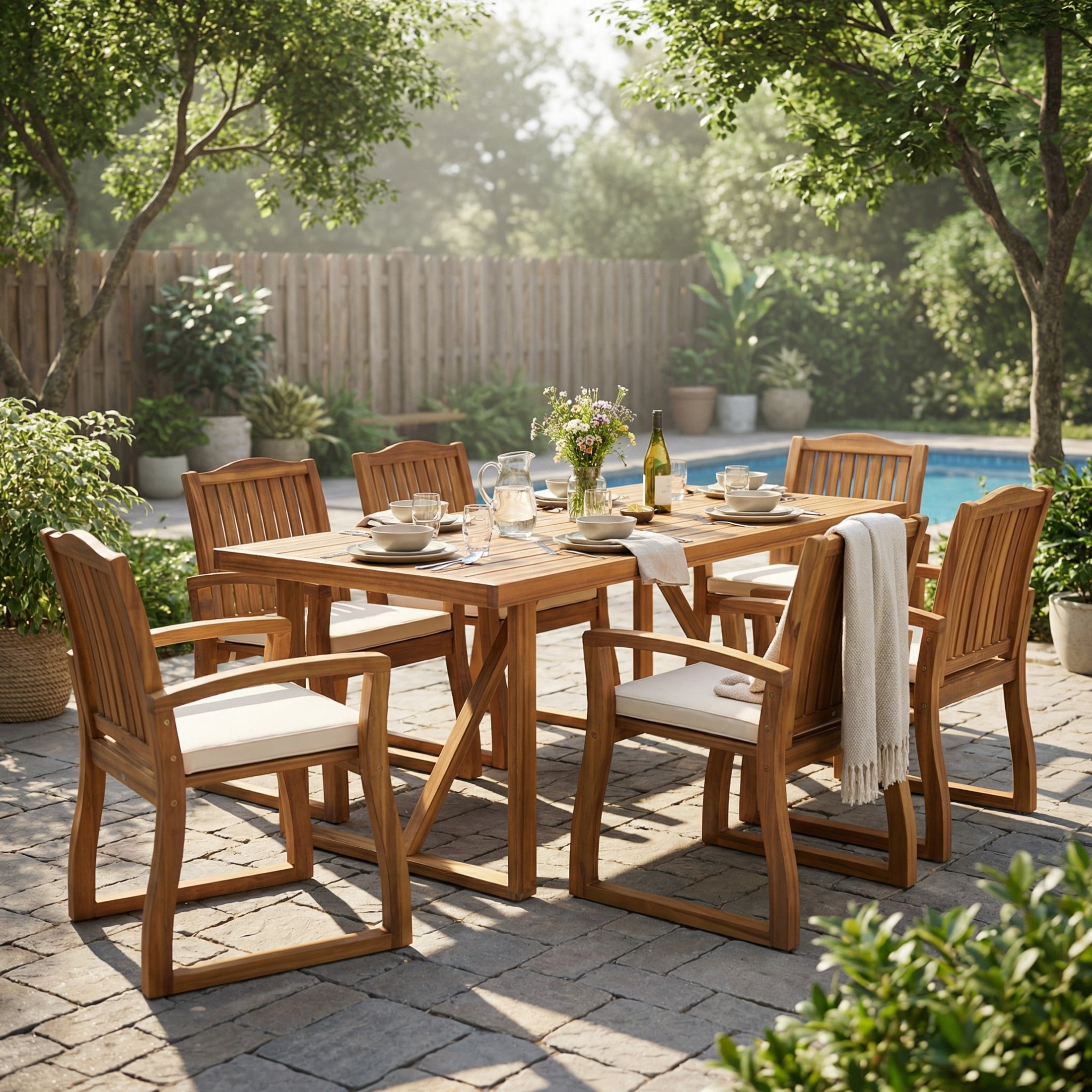 Christopher Knight Home 7-Piece Farmhouse Outdoor Patio Acacia Wood Dining Set with Cream Cushions, Teak