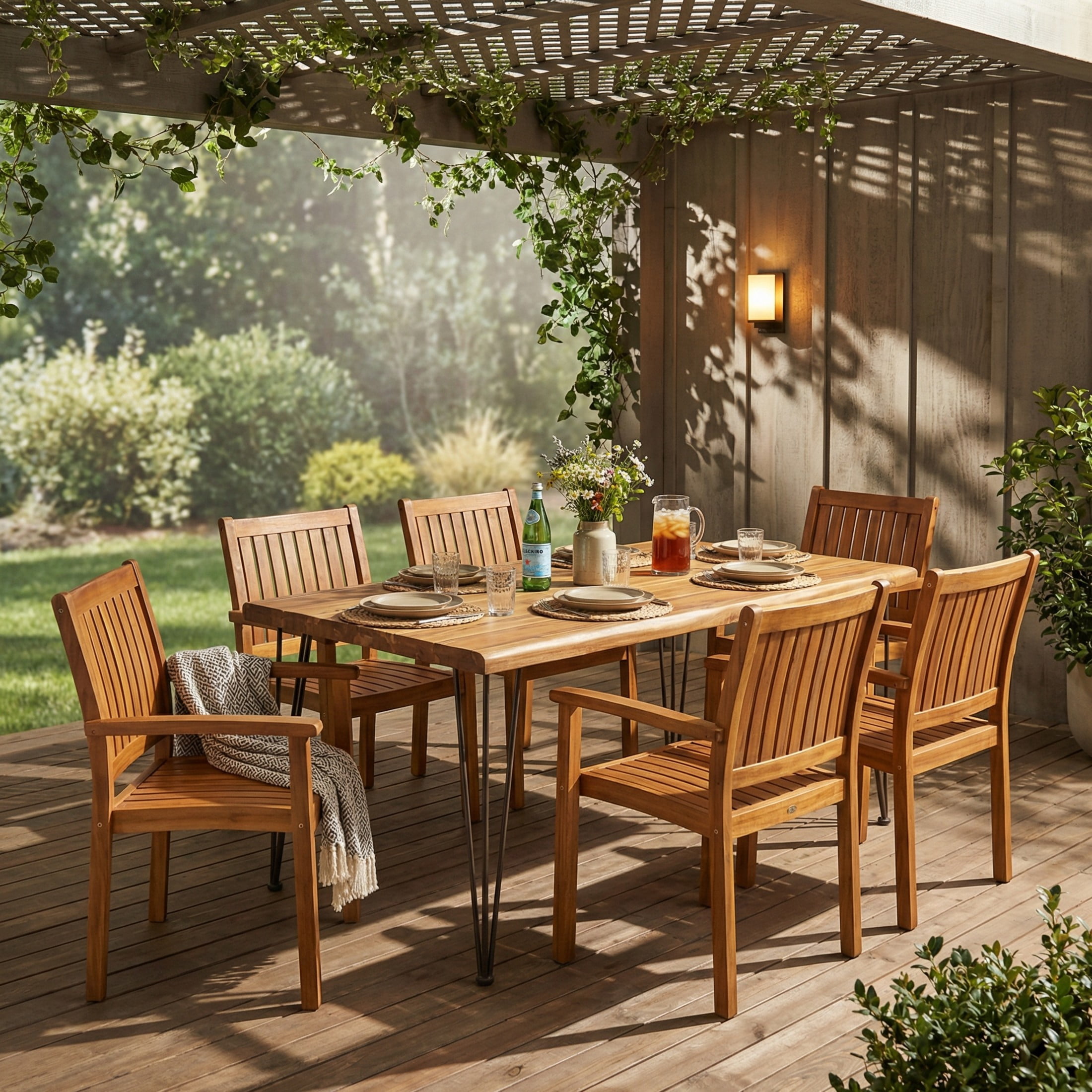 Christopher Knight Home 7-Piece Farmhouse Outdoor Slatted Acacia Wood Dining Set, Teak Finish