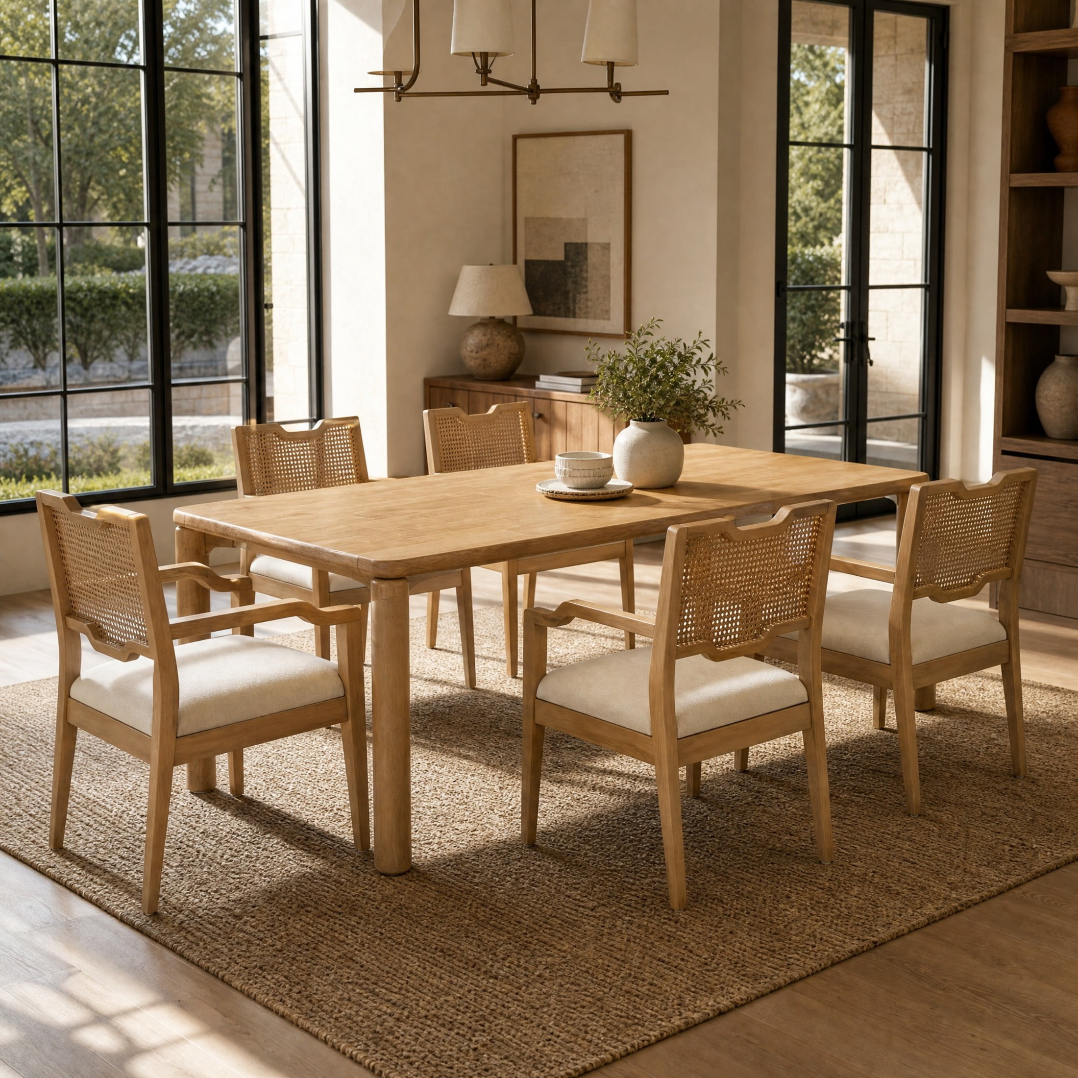 Christopher Knight Home 7-Piece Farmhouse Wood Dining Table with Rattan Arm Chairs Set, Natural+Beige