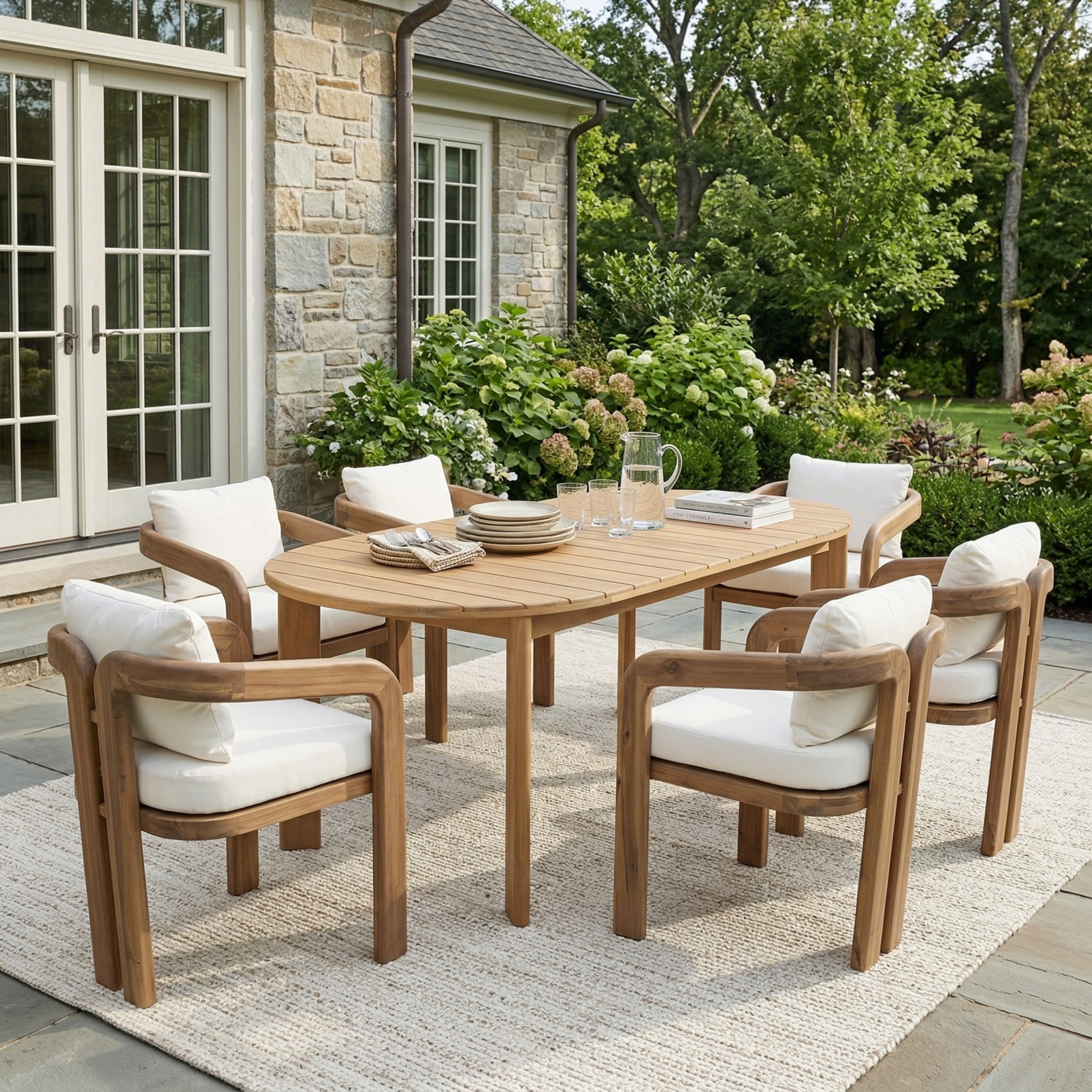 Christopher Knight Home 7-Piece Farmhouse Wood Outdoor Dining Set with Cushions, Light Teak+Cream