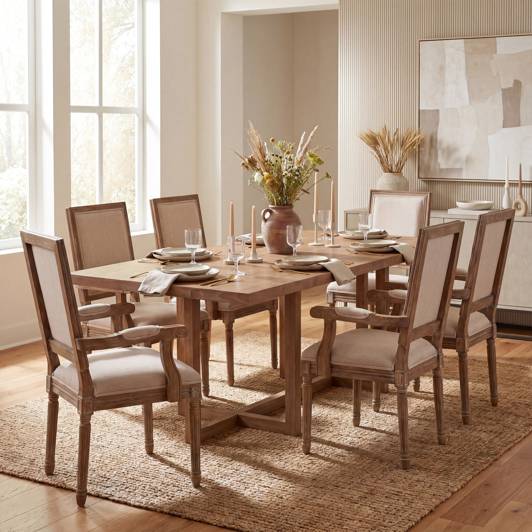 Christopher Knight Home 7-Piece French Country Dining Set, 95" Table with Upholstered Chairs, Natural+Beige