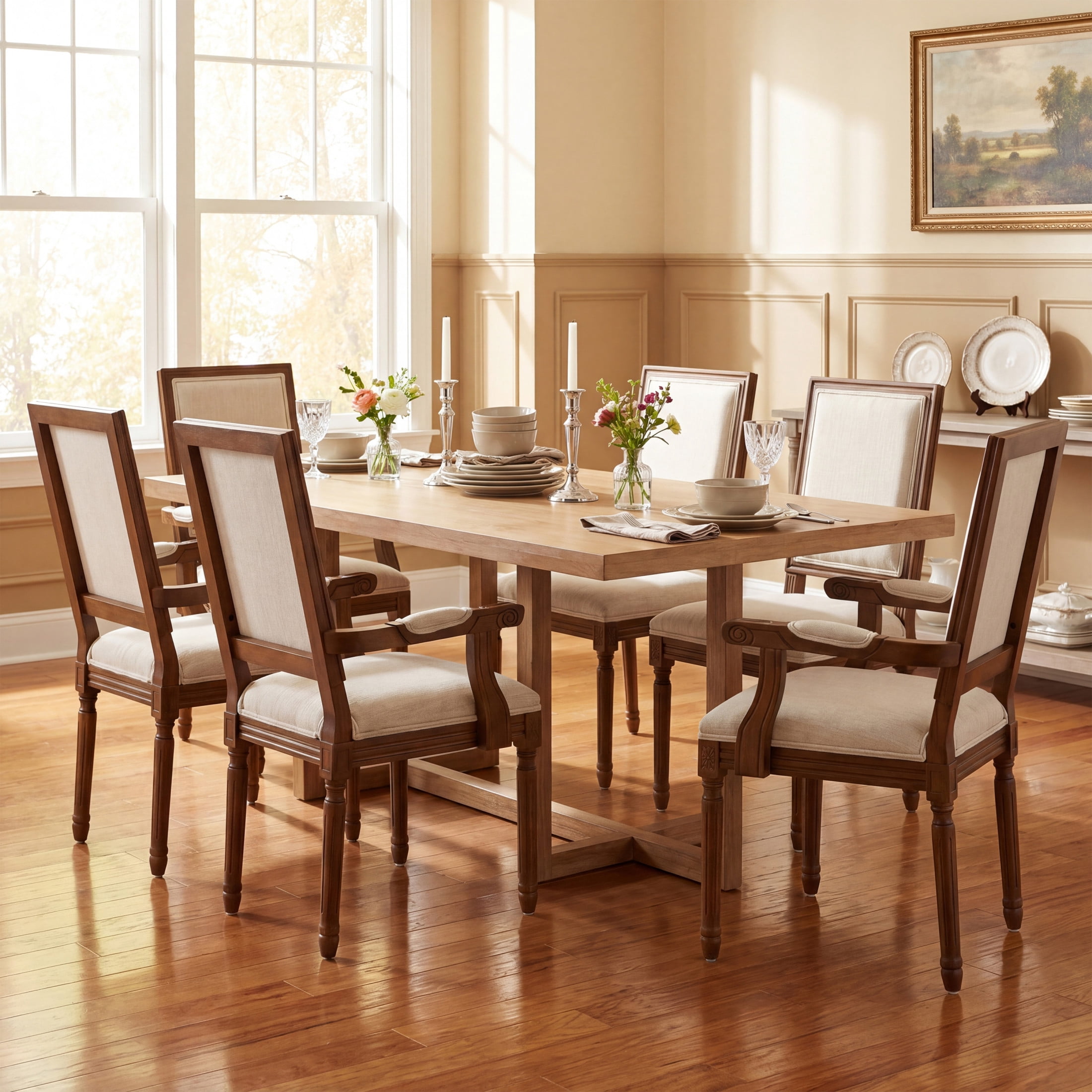 Christopher Knight Home 7-Piece French Country Dining Set, 95" Table with Upholstered Chairs, Natural+Walnut+Beige