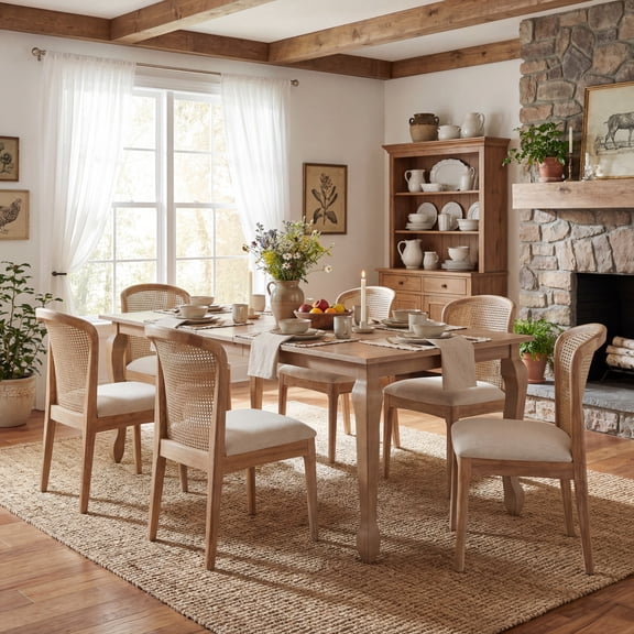 Christopher Knight Home 7-Piece French Country Dining Set, Extendable Table with Rattan Back Chairs, Light Natural