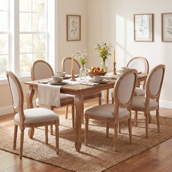 Christopher Knight Home 7-Piece French Country Extendable Dining Table with Upholstered Chairs, Natural+Greige