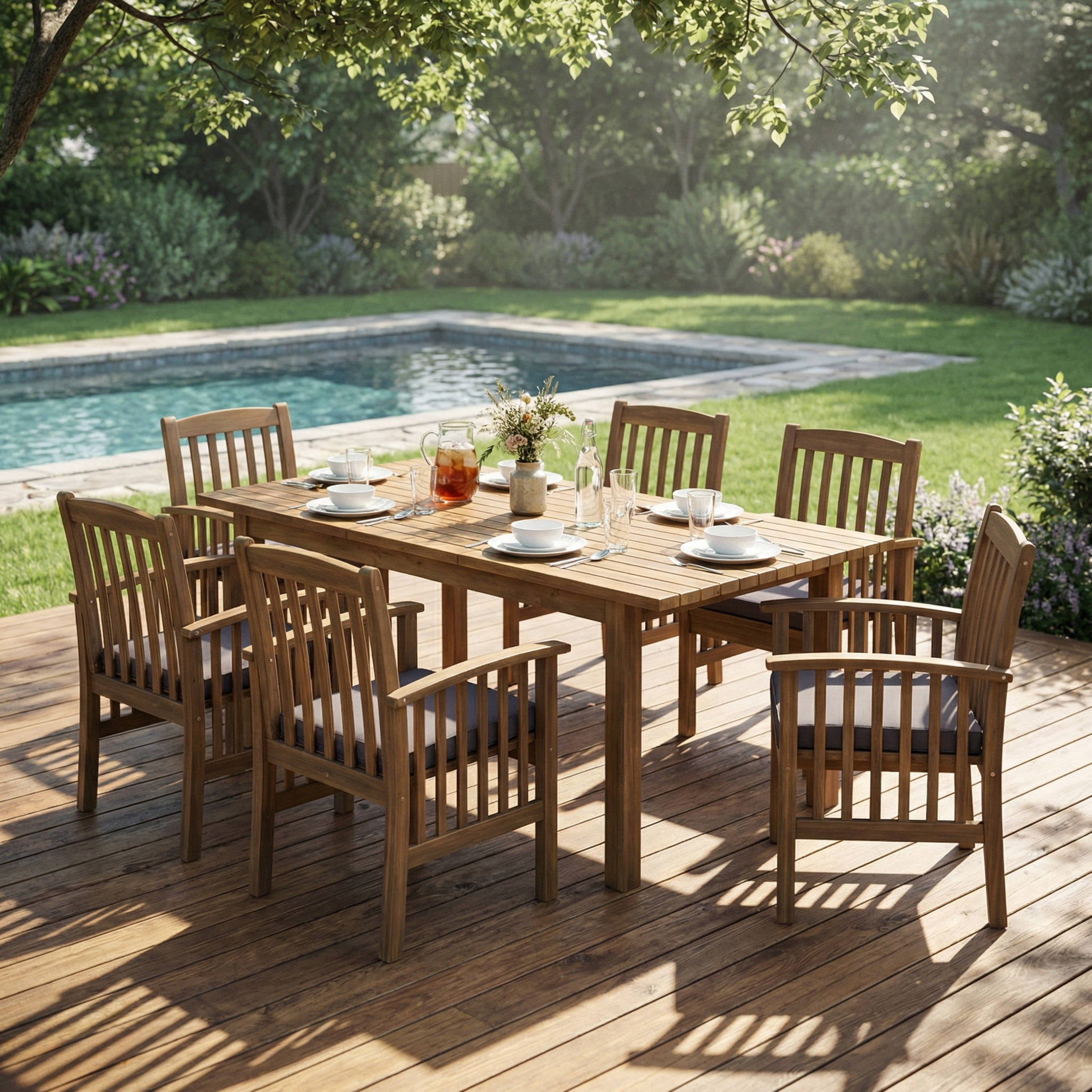 Christopher Knight Home 7-Piece Gray Slatted Outdoor Patio Expandable Dining Set with Dark Gray Cushion