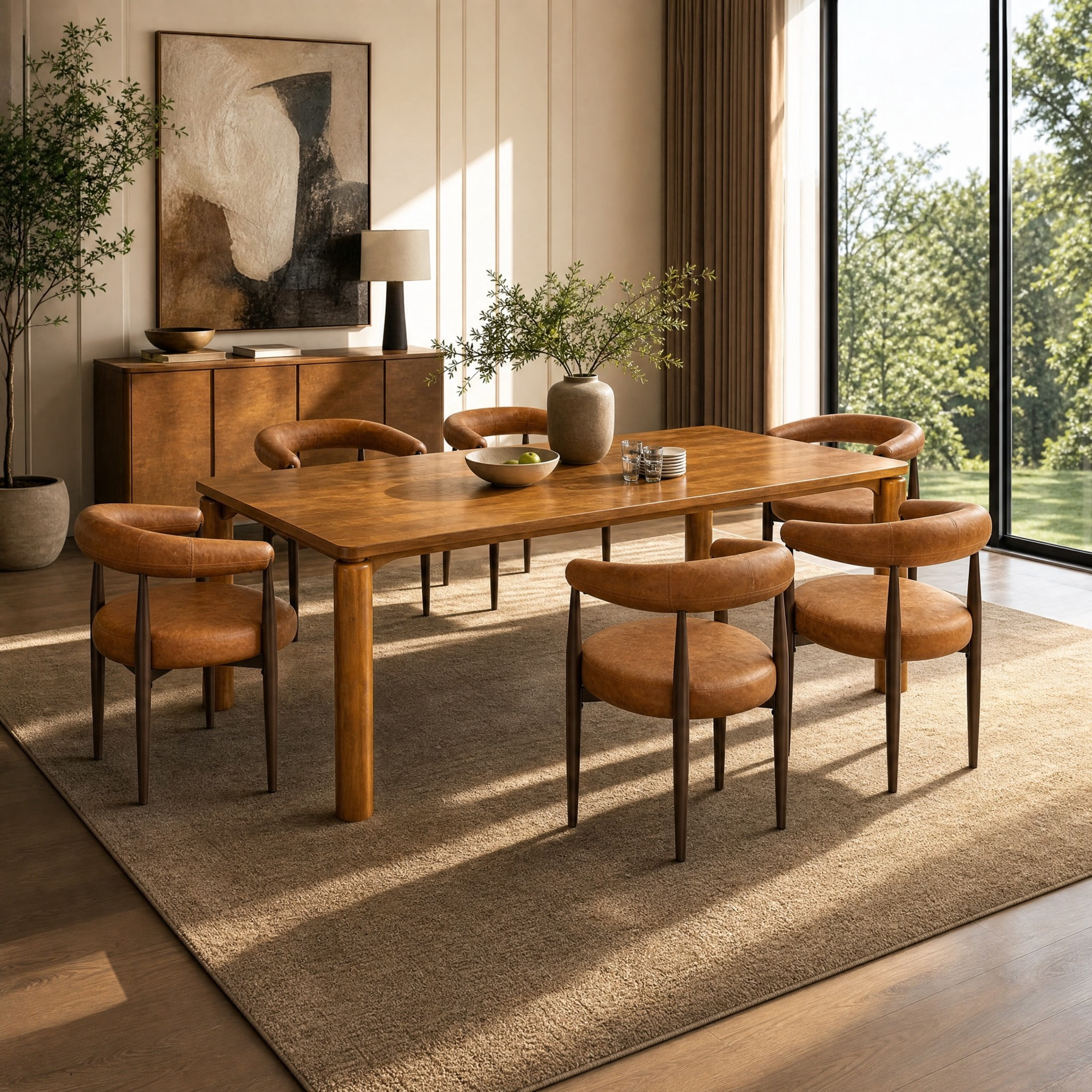Christopher Knight Home 7-Piece Industrial Dining Set, 70" Table with PU Leather Chairs, Walnut+Brown