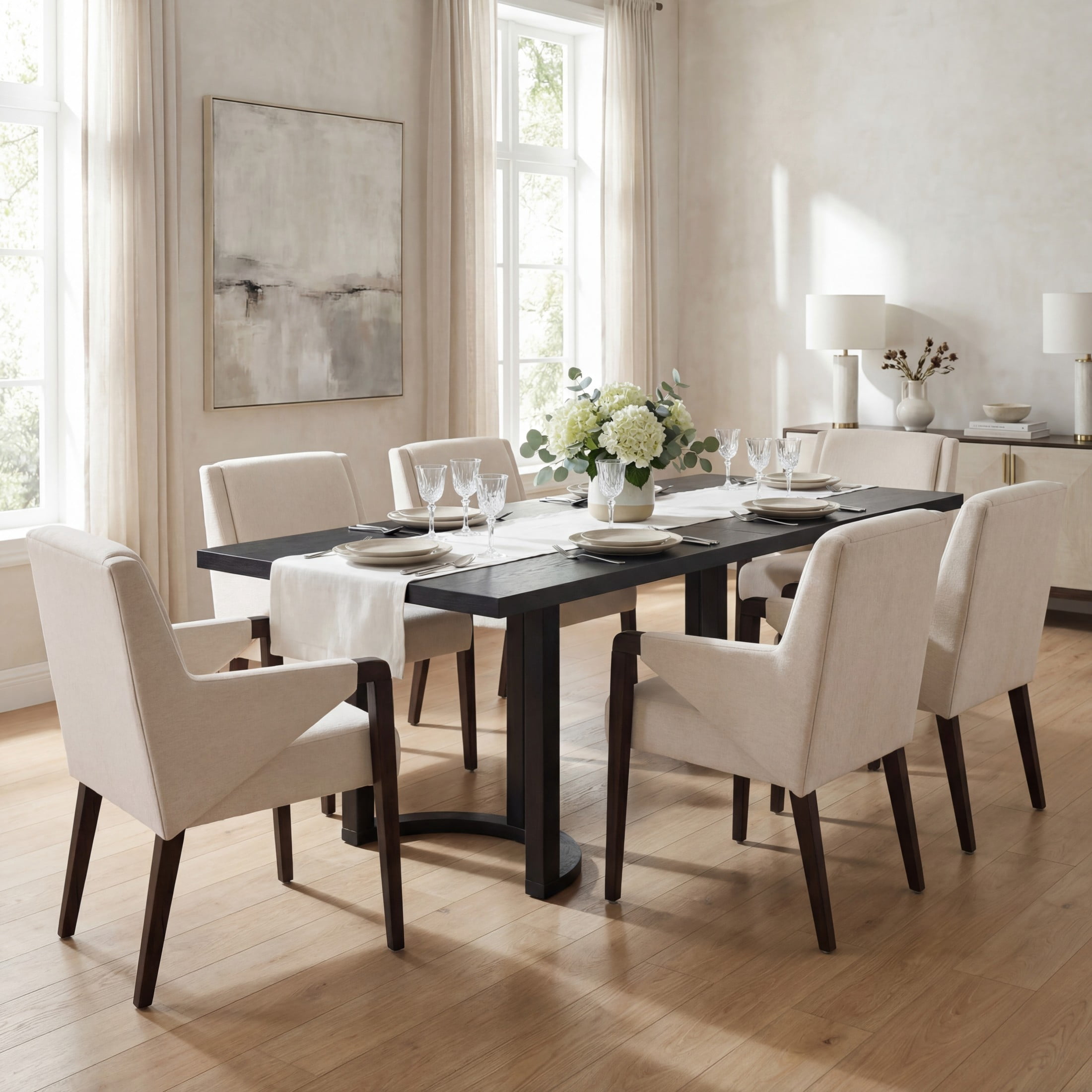 Christopher Knight Home 7-Piece Mid Century 95" Black Dining Table with Linen Upholstered Chairs