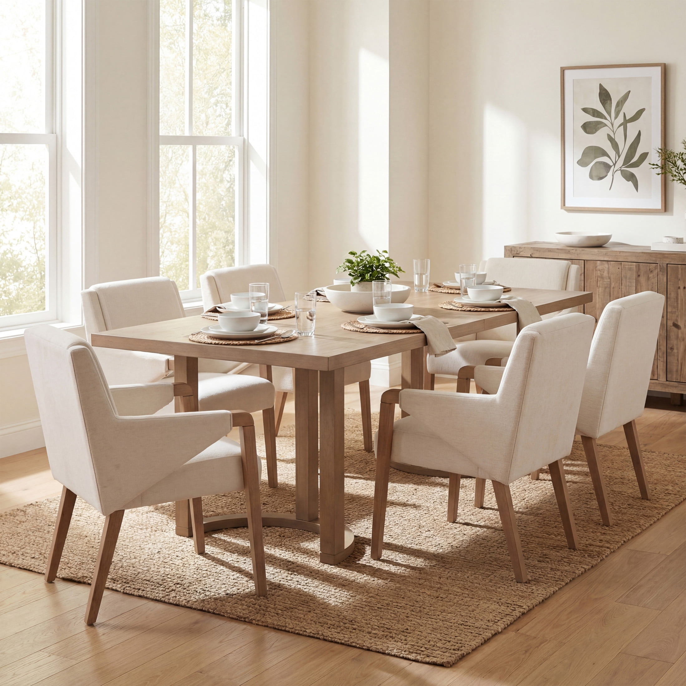 Christopher Knight Home 7-Piece Mid Century 95" Light Ash Dining Table with Beige Upholstered Chairs