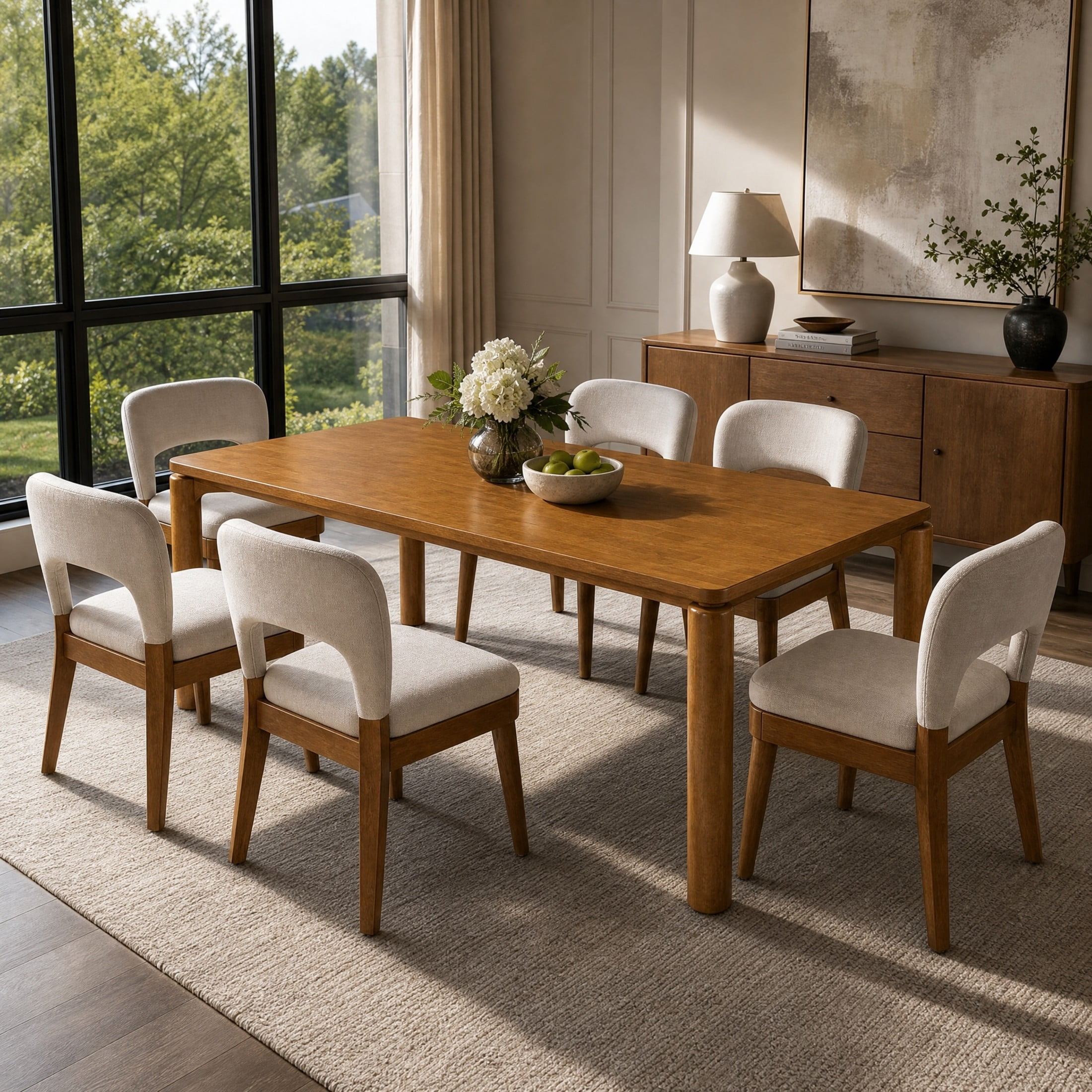 Christopher Knight Home 7-Piece Mid-Century Dining Set, 70" Table with Hollow Back Chairs, Walnut+Beige