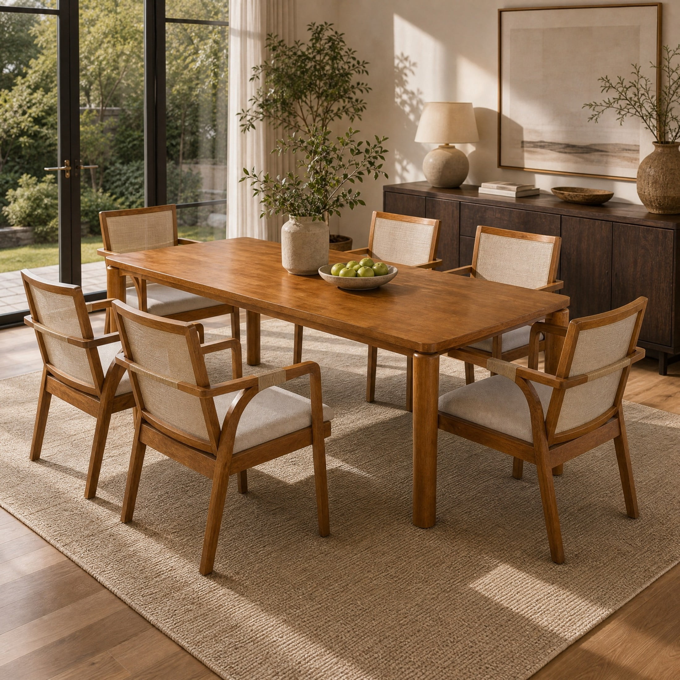 Christopher Knight Home 7-Piece Mid-Century Dining Set, 70" Table with Textilene Back Chairs, Walnut+Beige