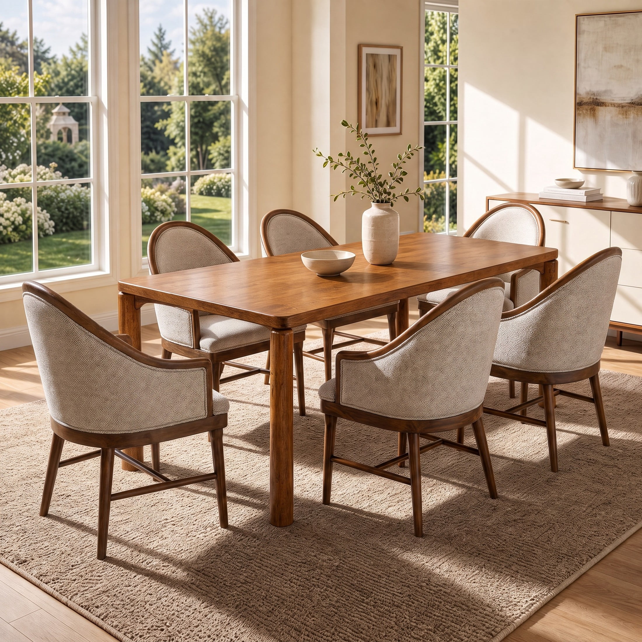 Christopher Knight Home 7-Piece Mid-Century Dining Set, 70" Wood Table with Armchairs, Walnut+Beige