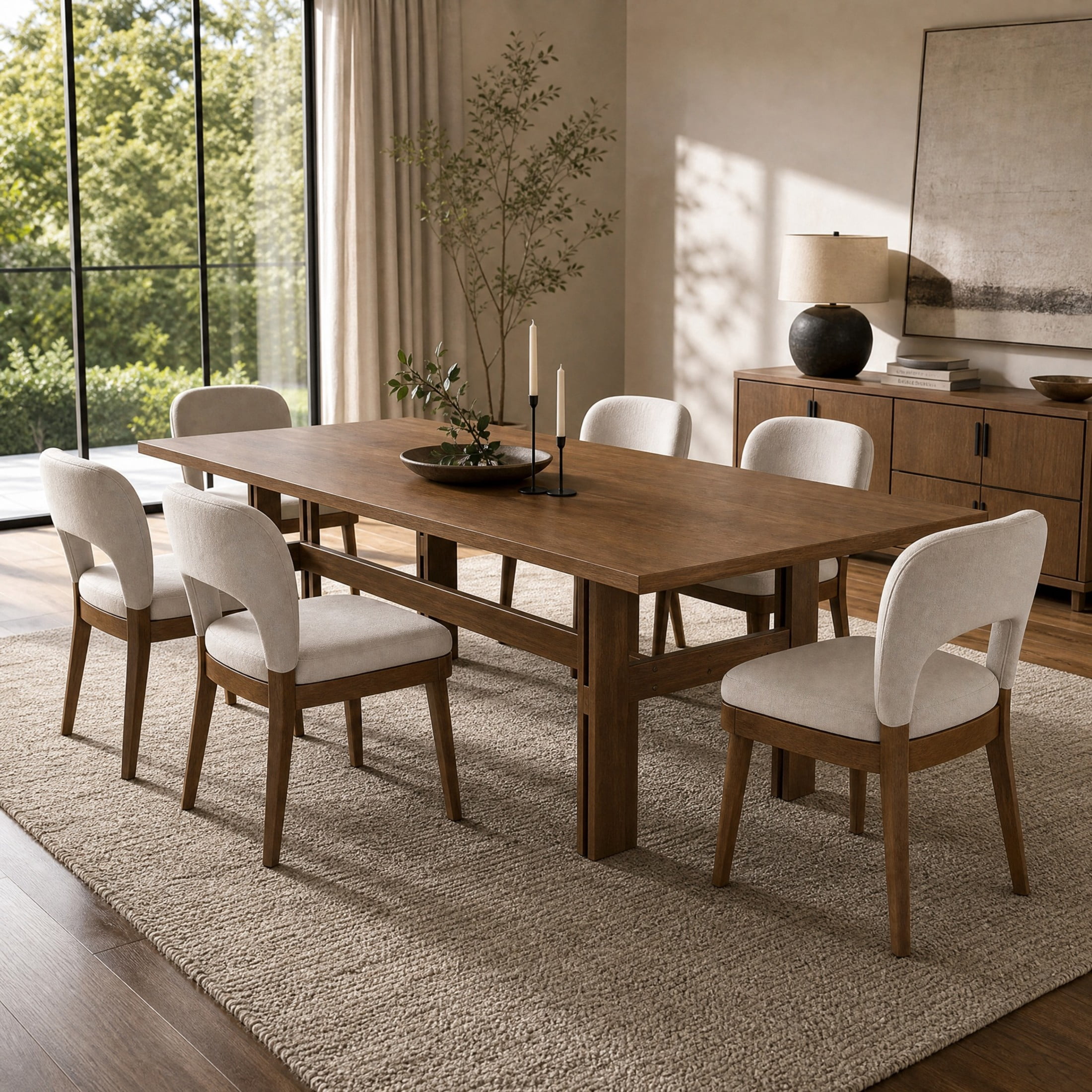 Christopher Knight Home 7-Piece Mid-Century Dining Set, 71" Table with Hollow Back Chairs, Walnut+Beige