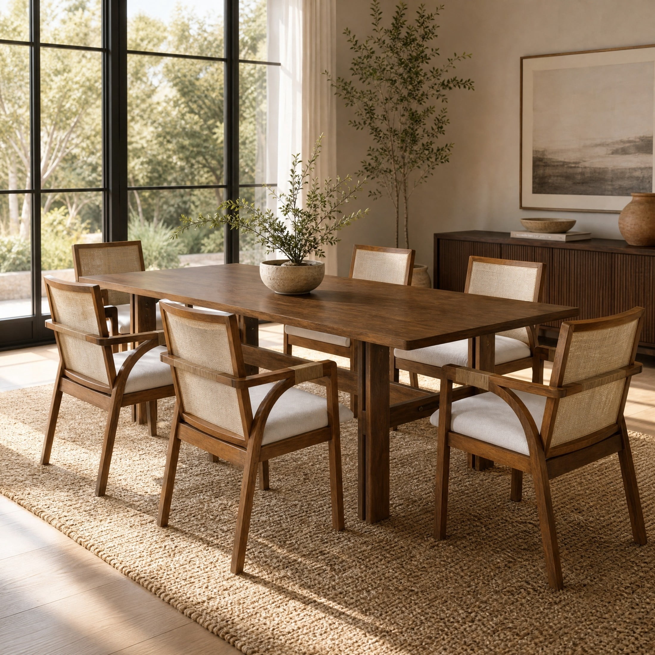 Christopher Knight Home 7-Piece Mid-Century Dining Set, 71" Table with Textilene Back Chairs, Walnut+Beige