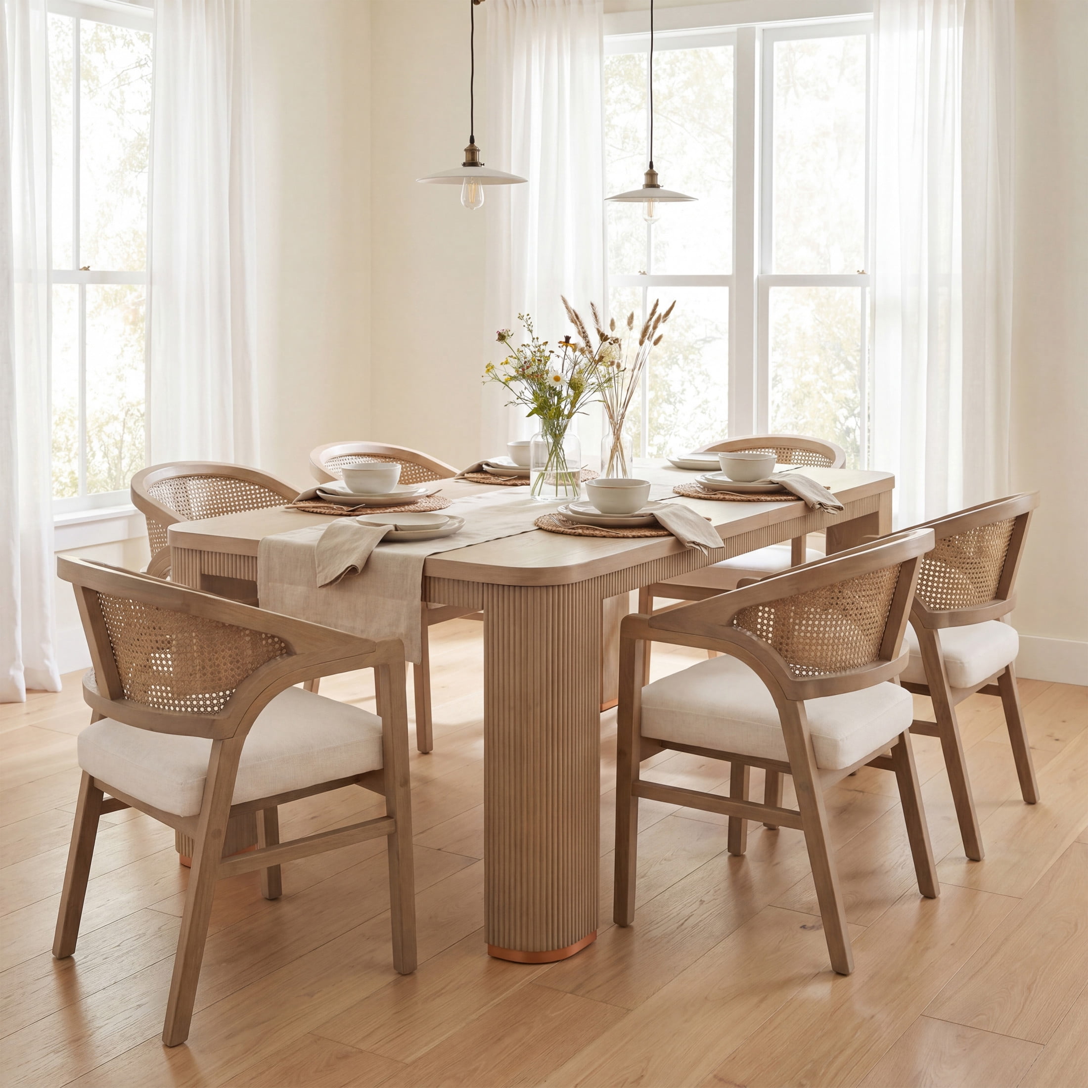 Christopher Knight Home 7-Piece Mid Century Dining Set, 90" Table with Rattan Back Wood Chairs, Light Ash