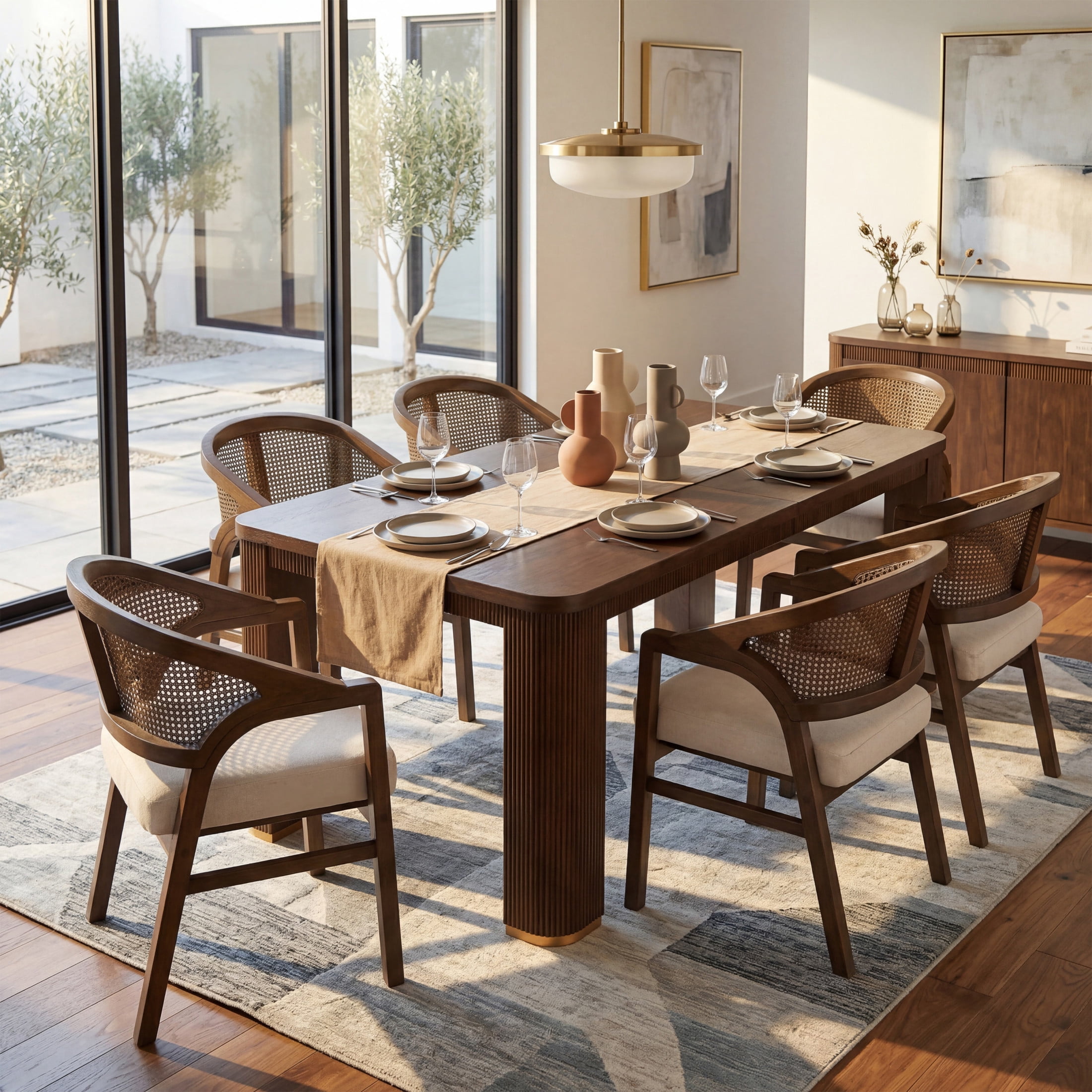 Christopher Knight Home 7-Piece Mid Century Dining Set, 90" Table with Rattan Back Wood Chairs, Walnut