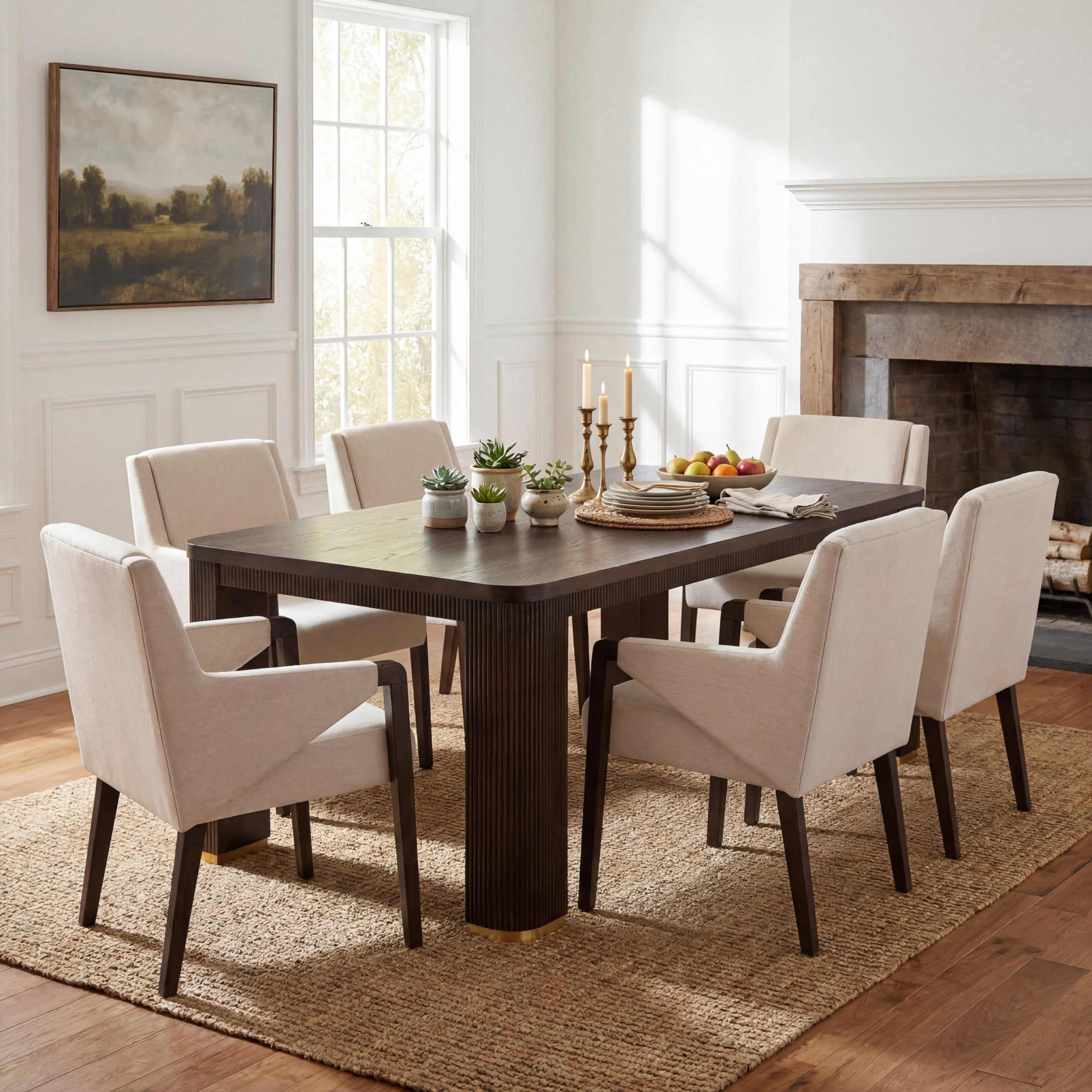 Christopher Knight Home 7-Piece Mid Century Dining Set, 90" Table with Upholstered Chairs, Espresso+Dark Walnut+Linen