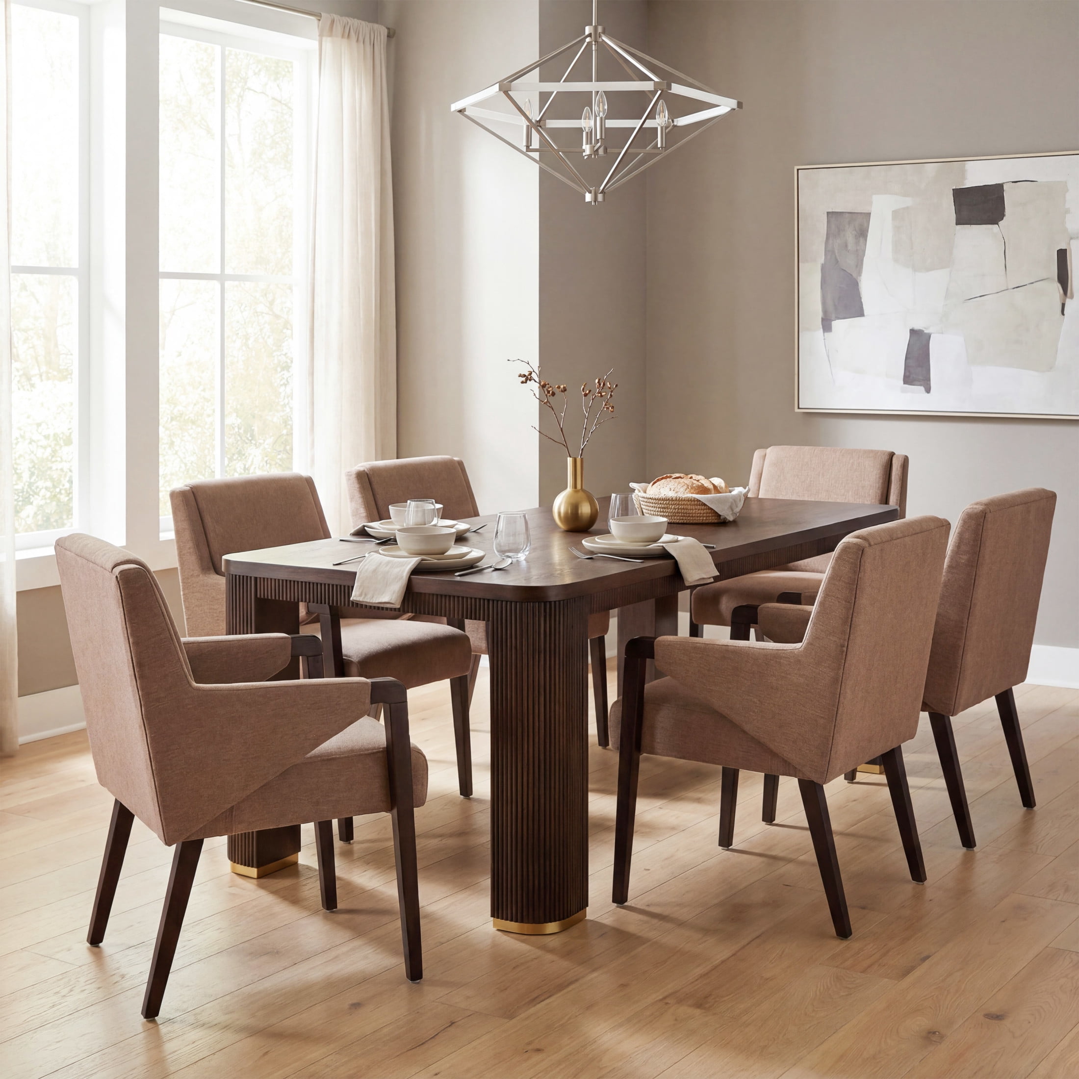 Christopher Knight Home 7-Piece Mid Century Dining Set, 90" Table with Upholstered Chairs, Espresso+Light Brown