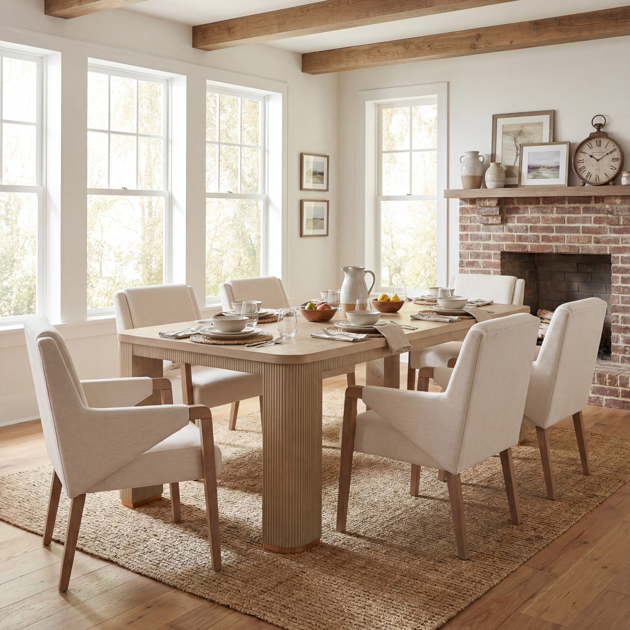 Christopher Knight Home 7-Piece Mid Century Dining Set, 90" Table with Upholstered Chairs, Light Ash+Beige