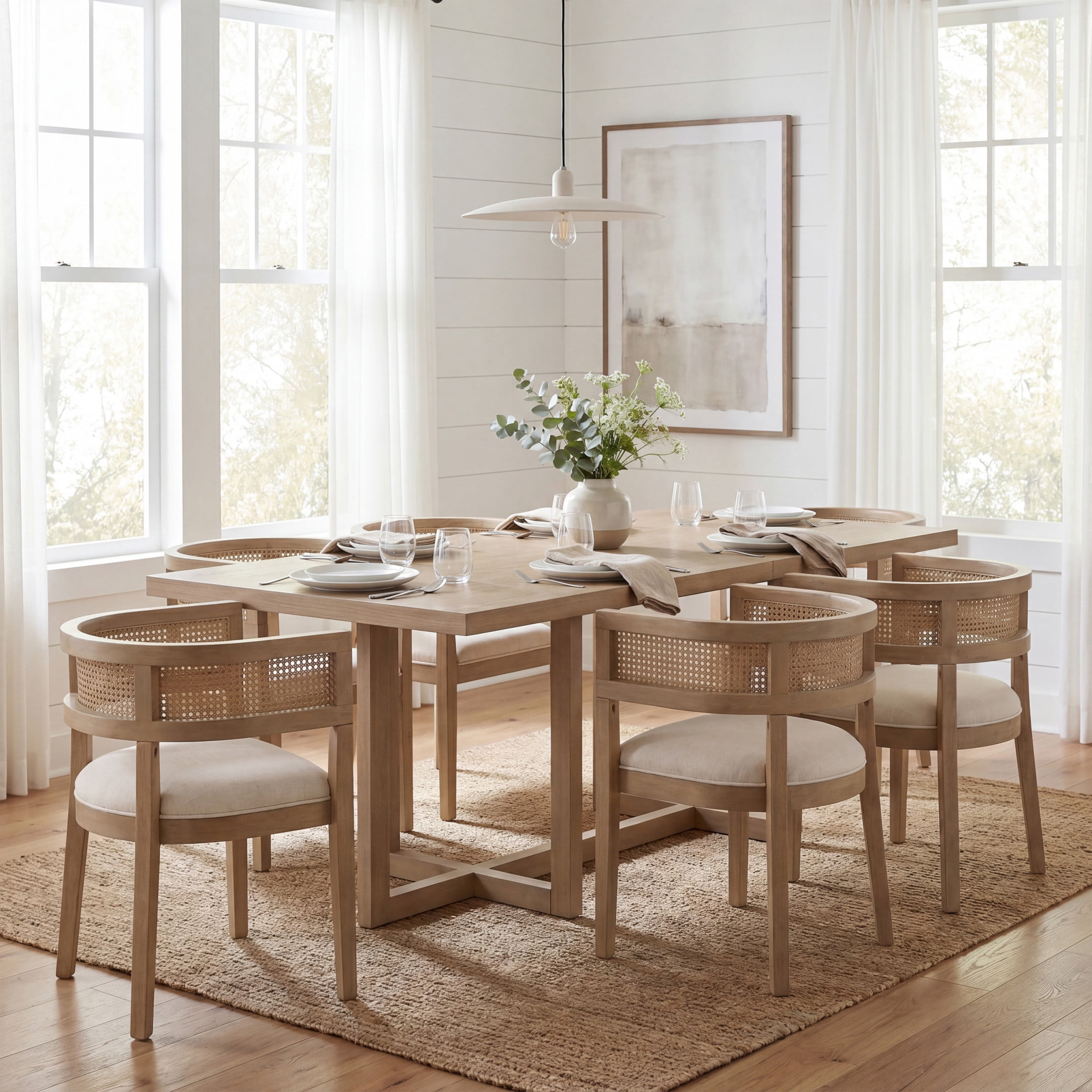 Christopher Knight Home 7-Piece Mid Century Dining Set, 95" Table with Upholstered Chairs, Light Ash+Beige