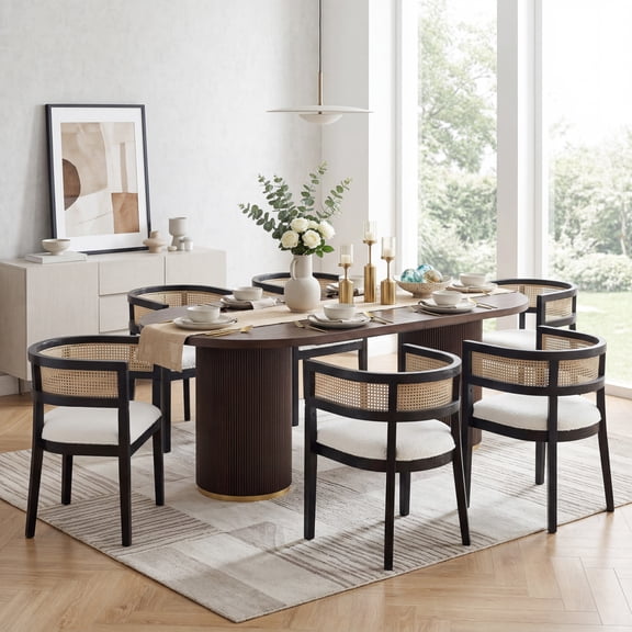 Christopher Knight Home 7-Piece Mid Century Dining Set, Oval Table with Rattan Back Chairs, Black+Espresso