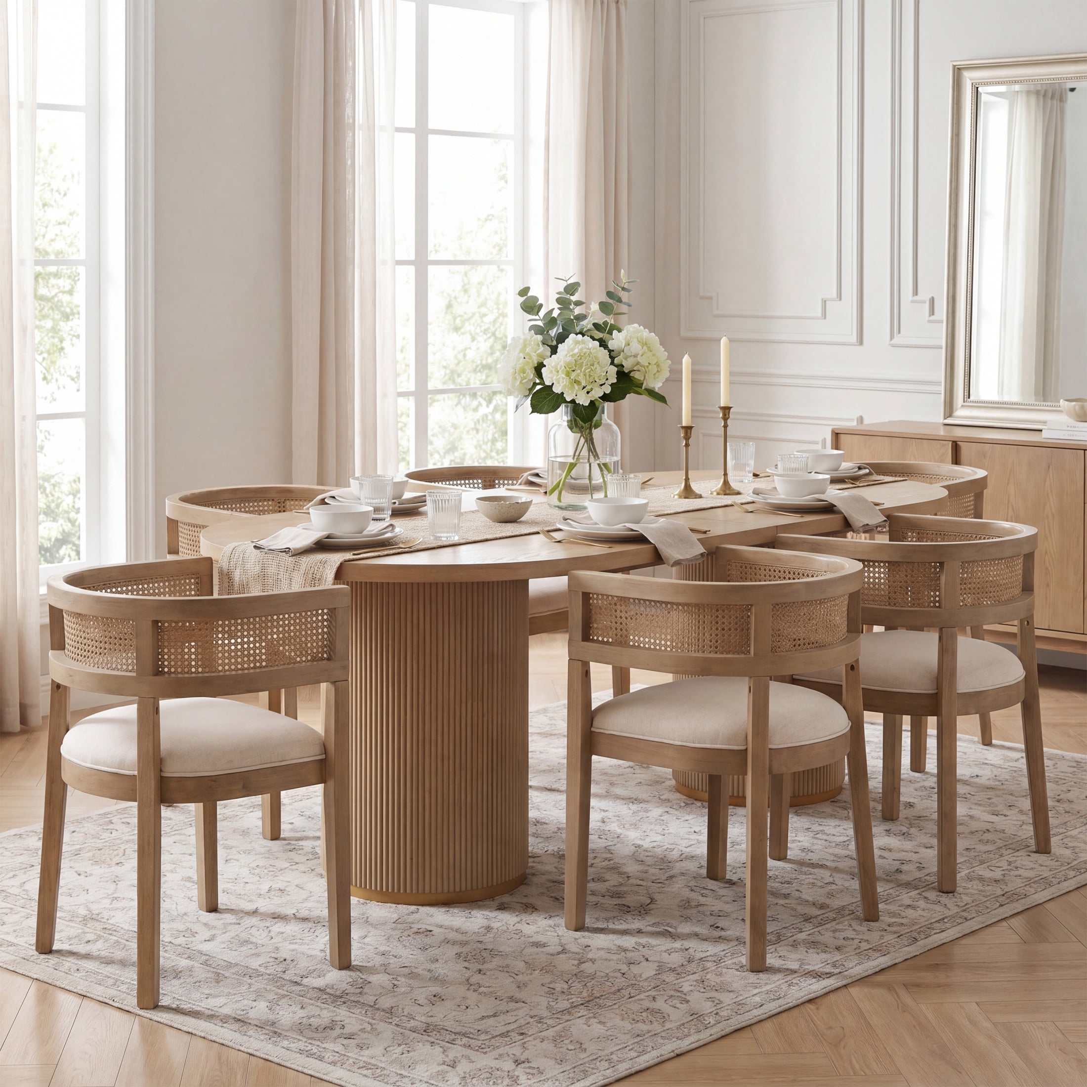 Christopher Knight Home 7-Piece Mid Century Dining Set, Oval Table with Rattan Back Chairs, Light Ash