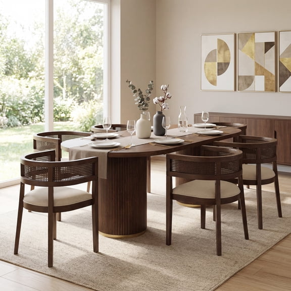 Christopher Knight Home 7-Piece Mid Century Dining Set, Oval Table with Rattan Back Chairs, Walnut