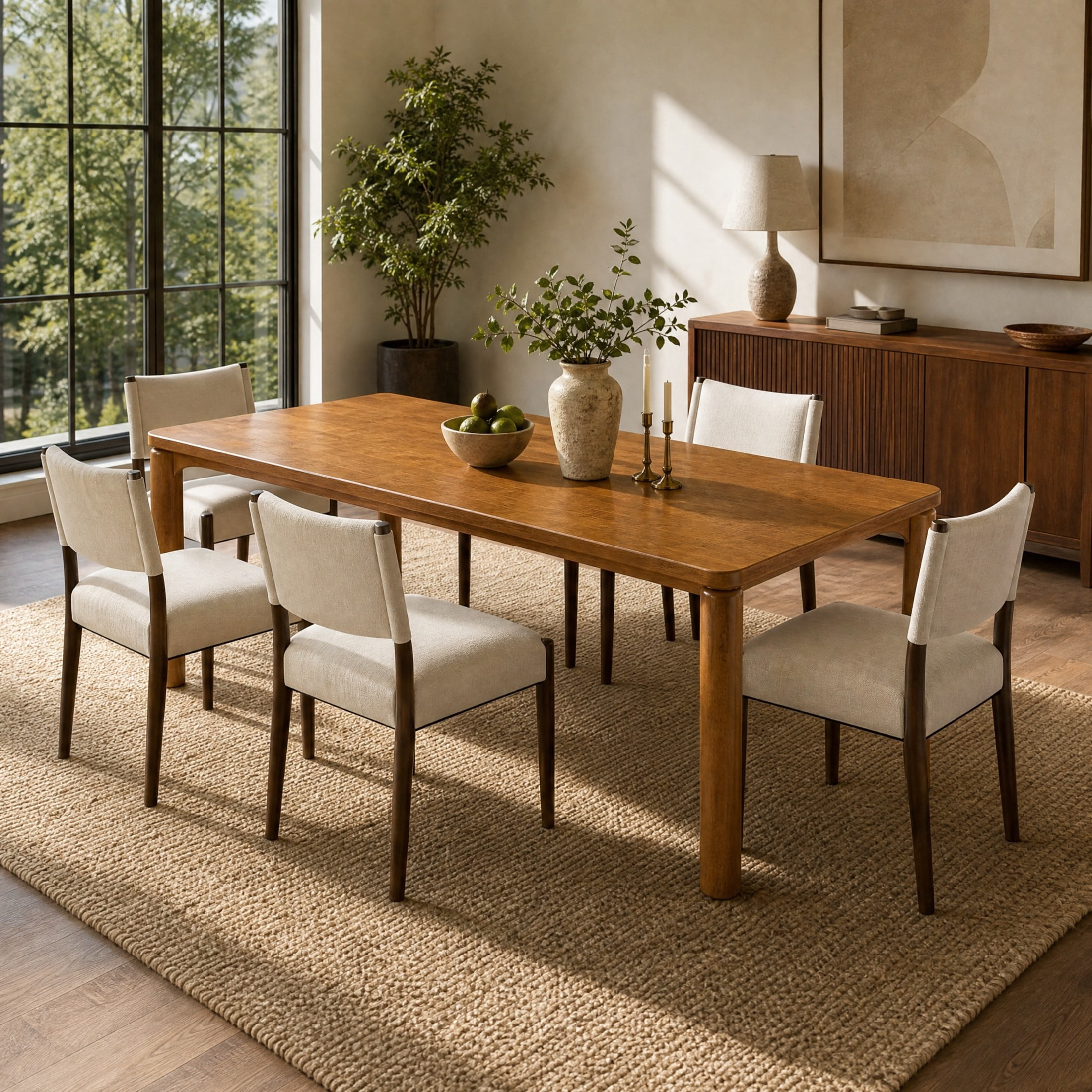 Christopher Knight Home 7-Piece Mid-Century Dining Set, Rectangle Wood Table and Cushioned Chairs, Walnut+Beige