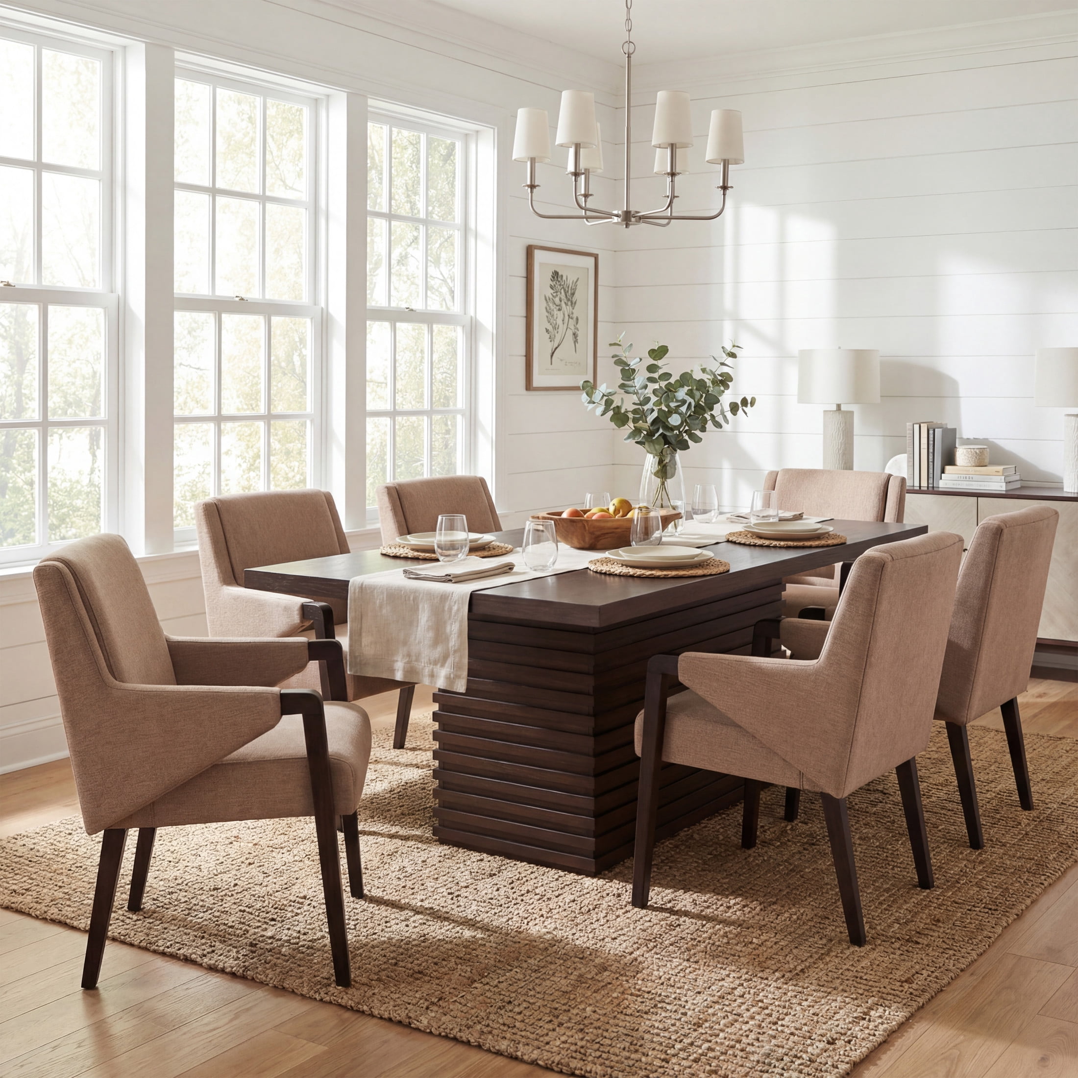 Christopher Knight Home 7-Piece Mid Century Dining Table Set with Light Brown Upholstered Chairs, Espresso