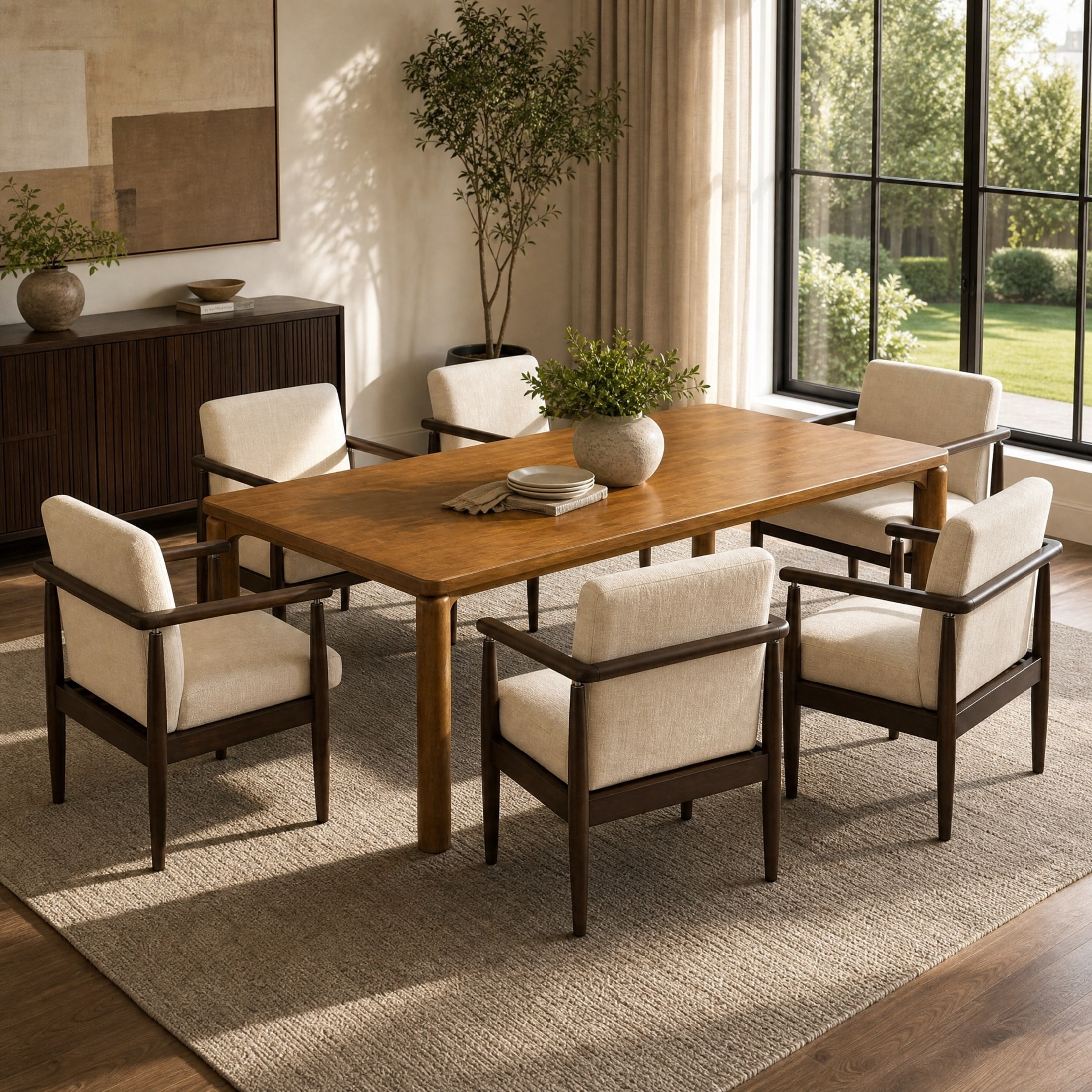 Christopher Knight Home 7-Piece Mid-Century Dining Table with Upholstered Chairs Set, Walnut+Beige
